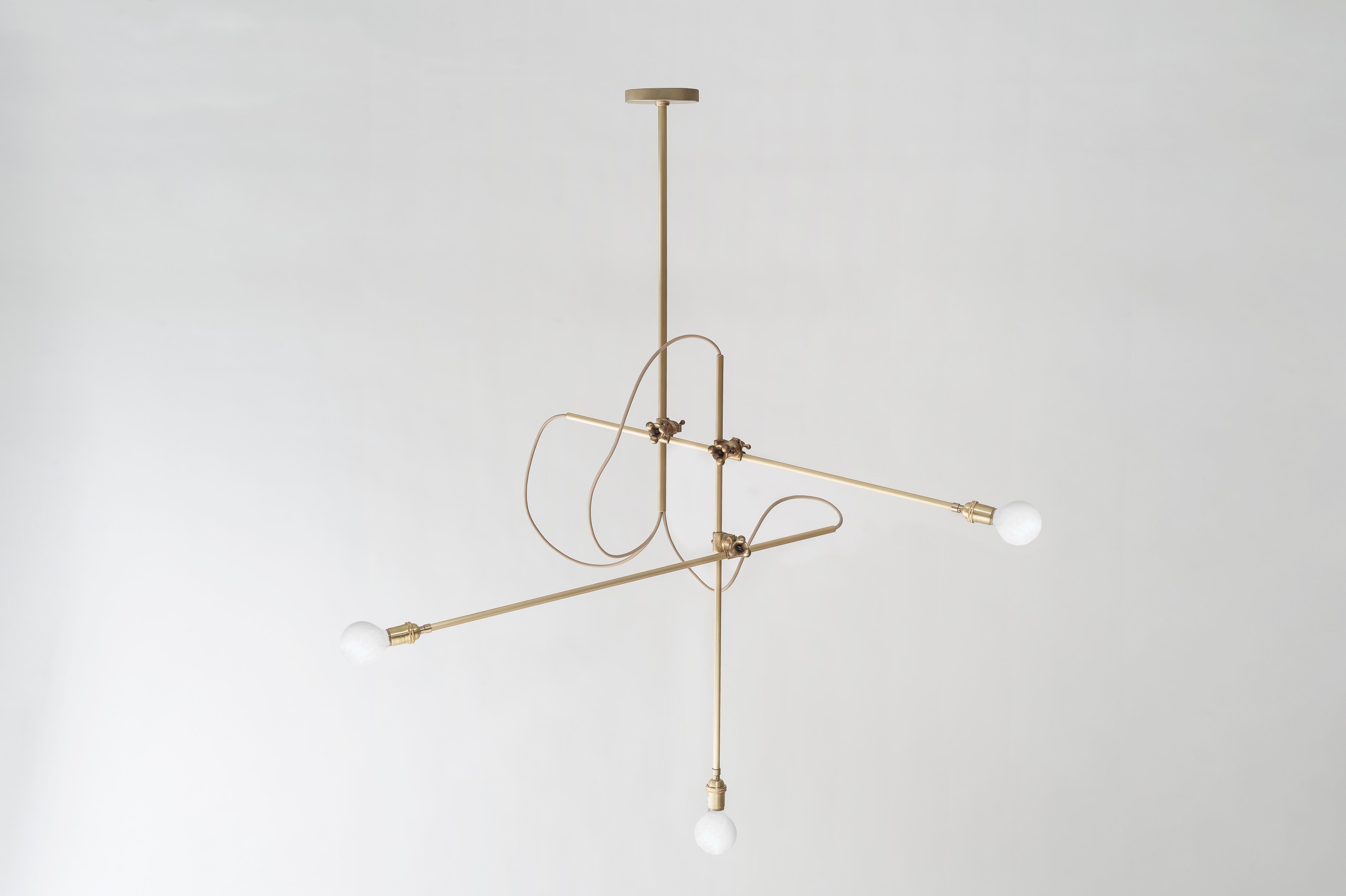 The Workstead chandelier fuses the concept of the chandelier with a keen understanding of function and flexibility. The same standard pieces can be reconfigured in countless ways; as a horizontal fixture that hangs only 30