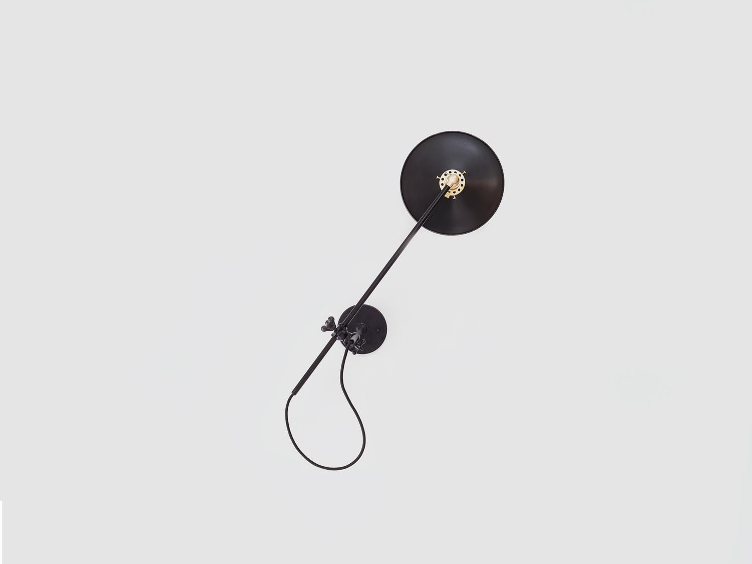 American Workstead Hardwired Wall Lamp in Black with Adjustable Painted Brass Shade For Sale