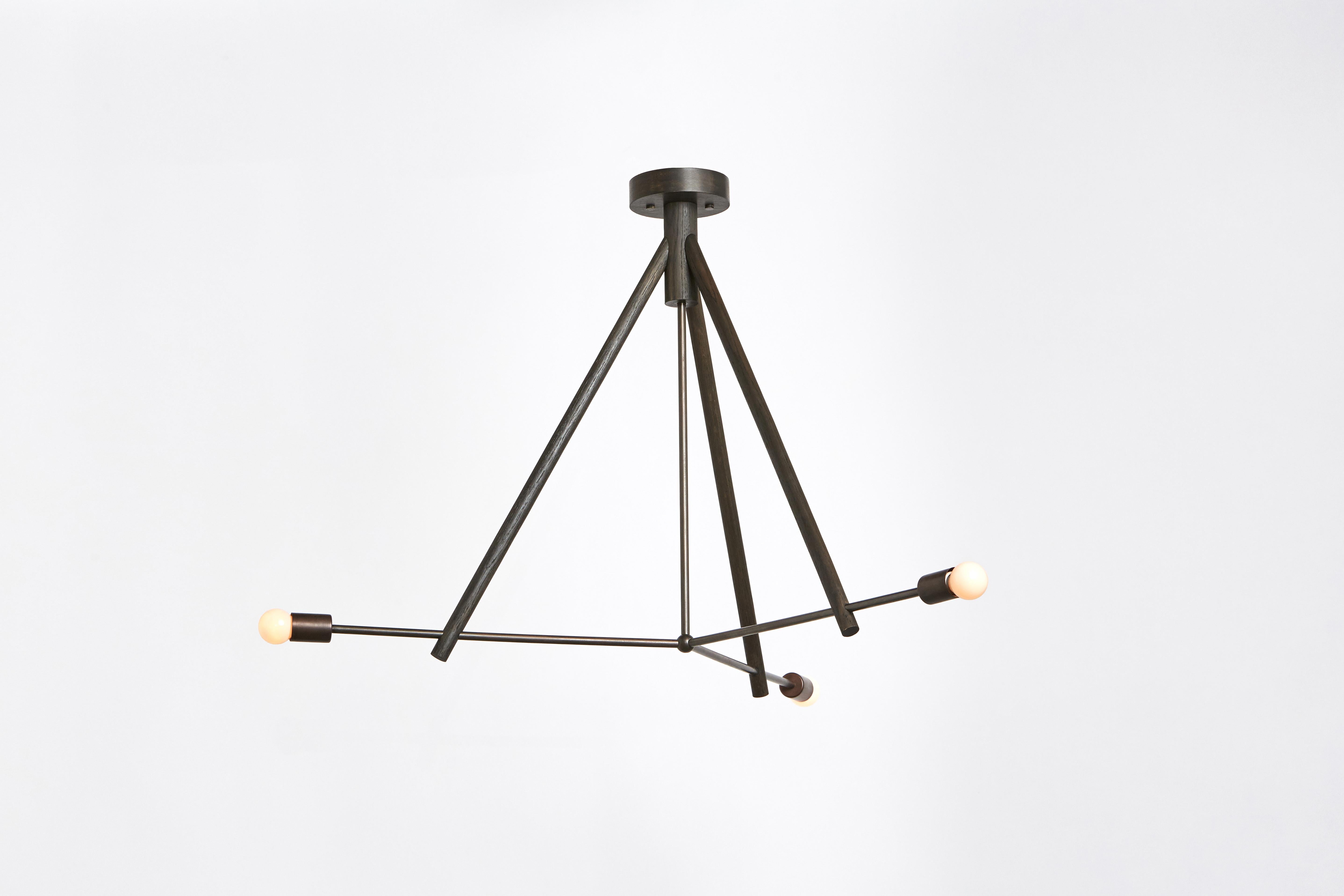 Carved Workstead Lodge Chandelier III in Natural Oak and Hewn Brass For Sale