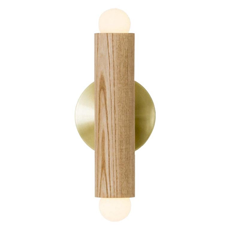 Workstead Lodge Double Sconce in Natural Oak and Hewn Brass For Sale