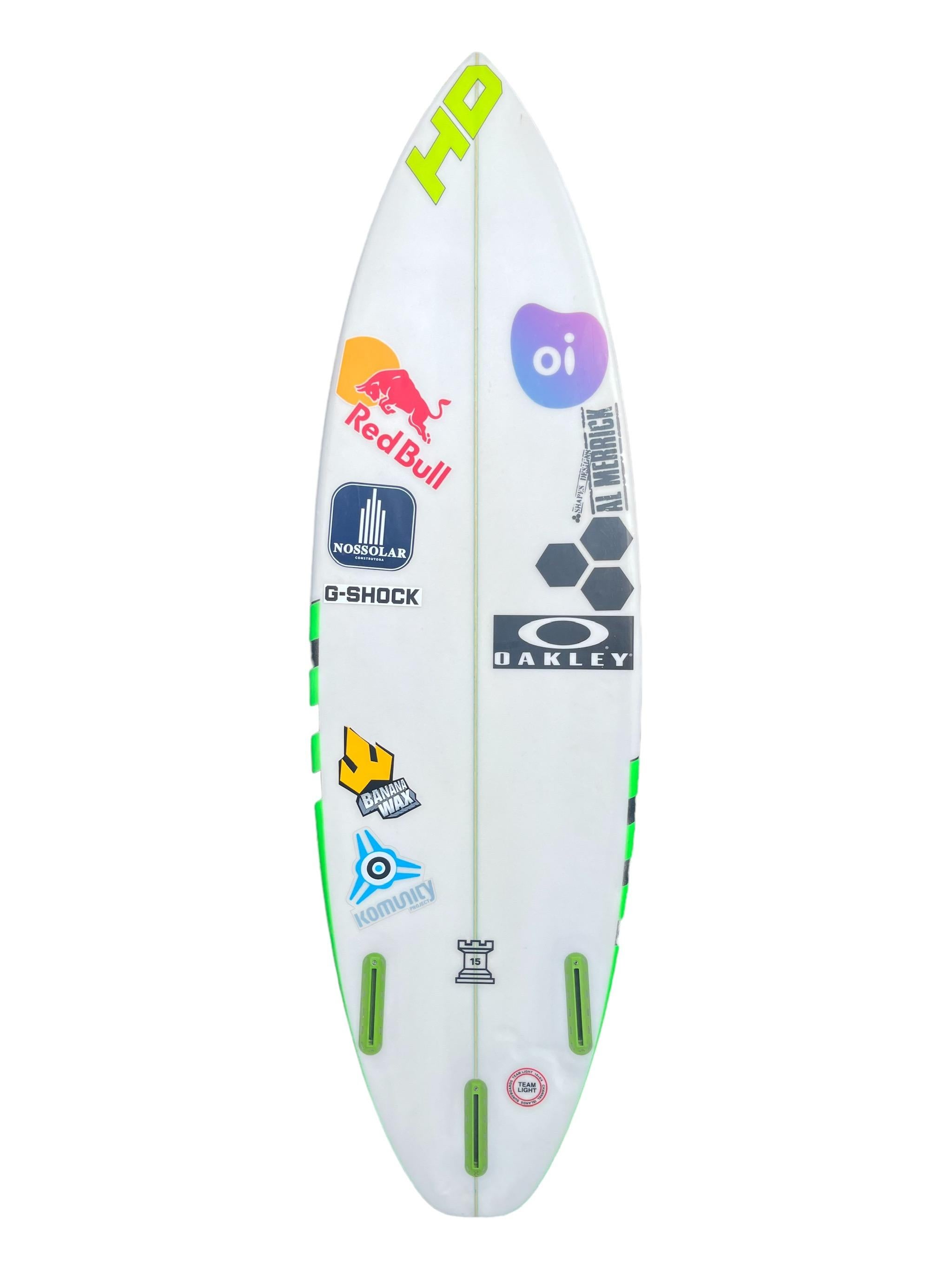 2015 World Champion of Surfing, Adriano De Souza’s personal surfboard. Neon green/jet-black airbrush design with thruster (tri-fin) setup. Shaped under the renowned Al Merrick’s Channel Islands Surfboards. Adriano De Souza is the 2015 WSL World