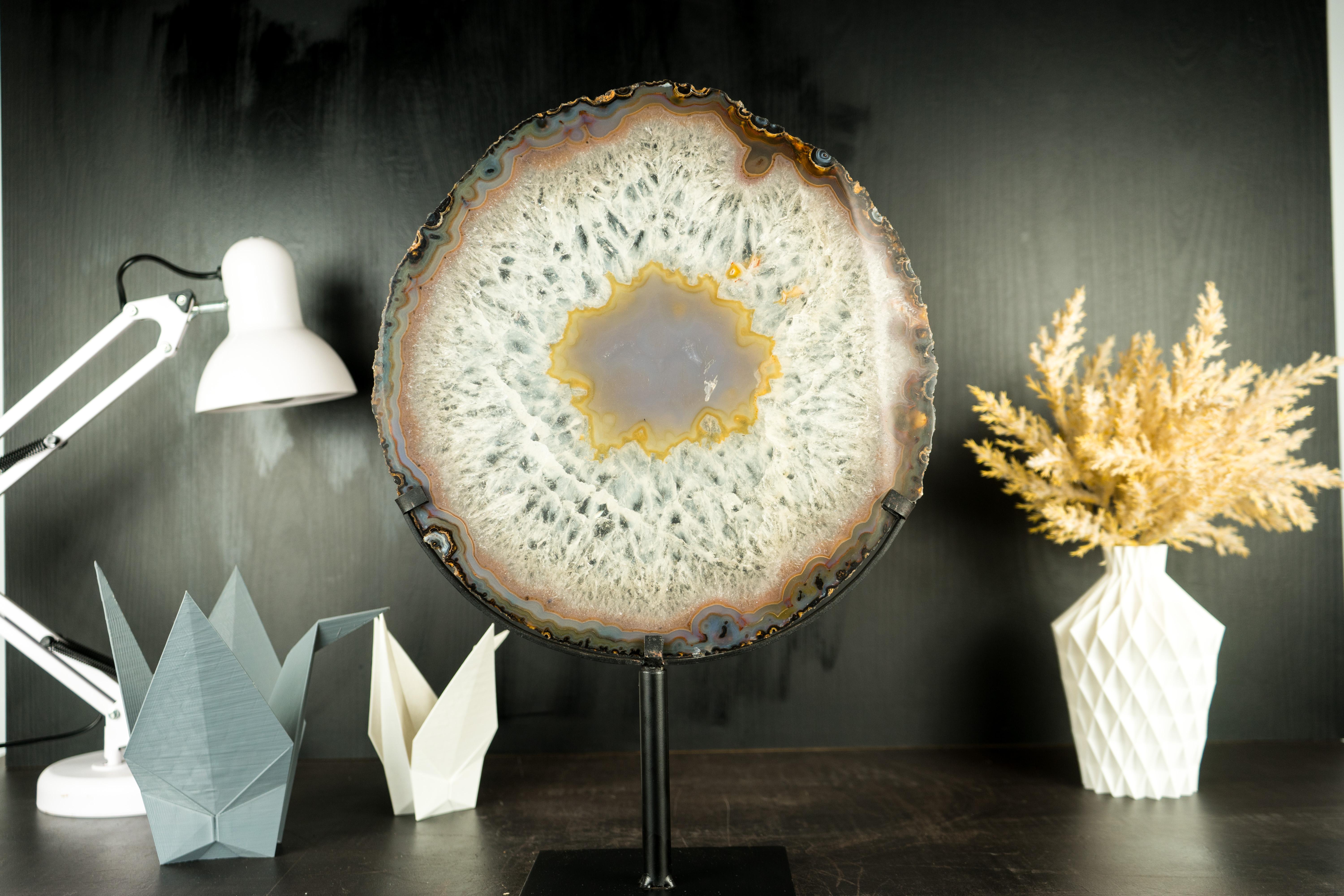 Brazilian World-Class Large Lace Agate Slice, with Ice-Like Crystal and Colorful Agate For Sale