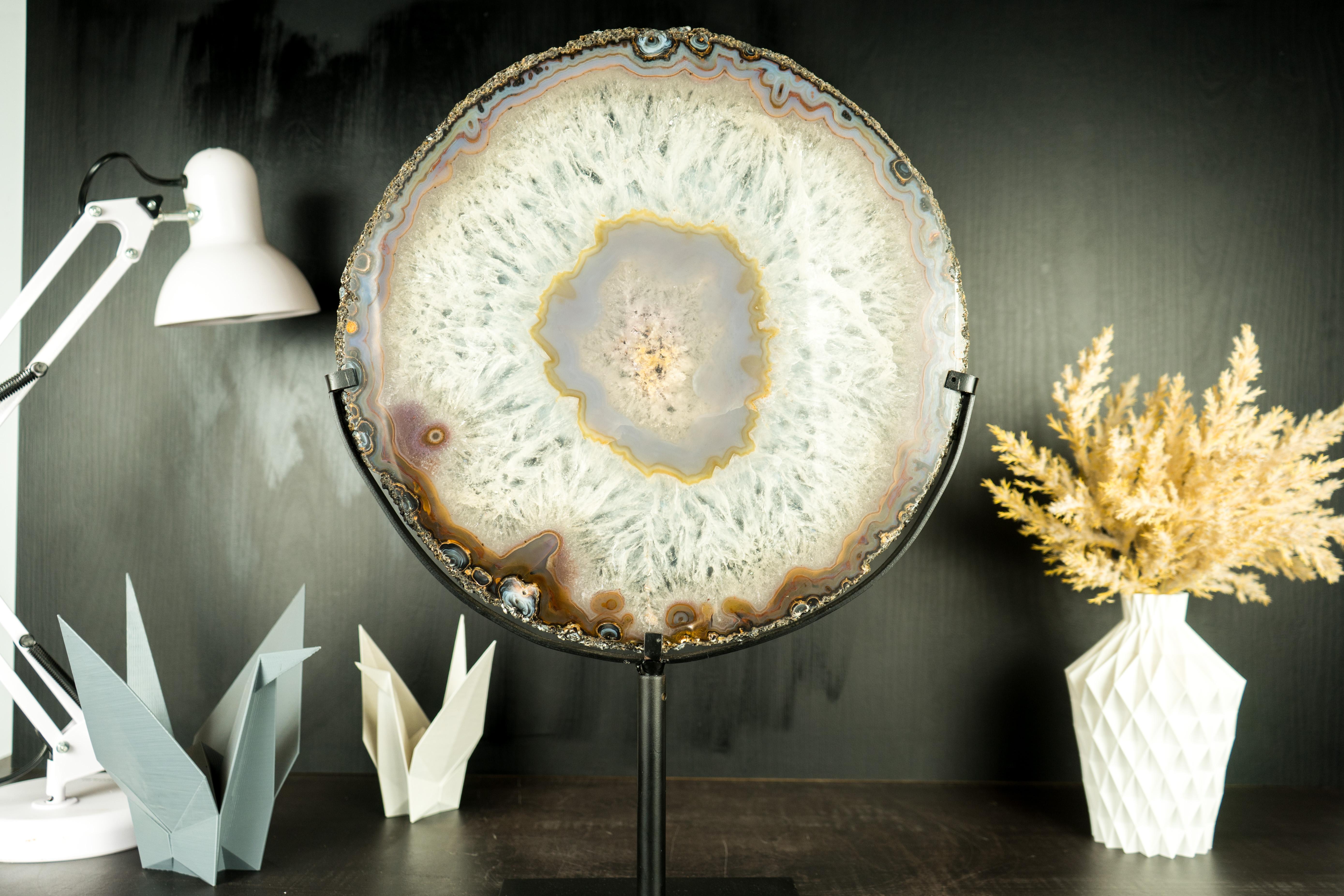 World-Class Large Lace Agate Slice, with Ice-Like Crystal and Lace Agate Frame For Sale 7