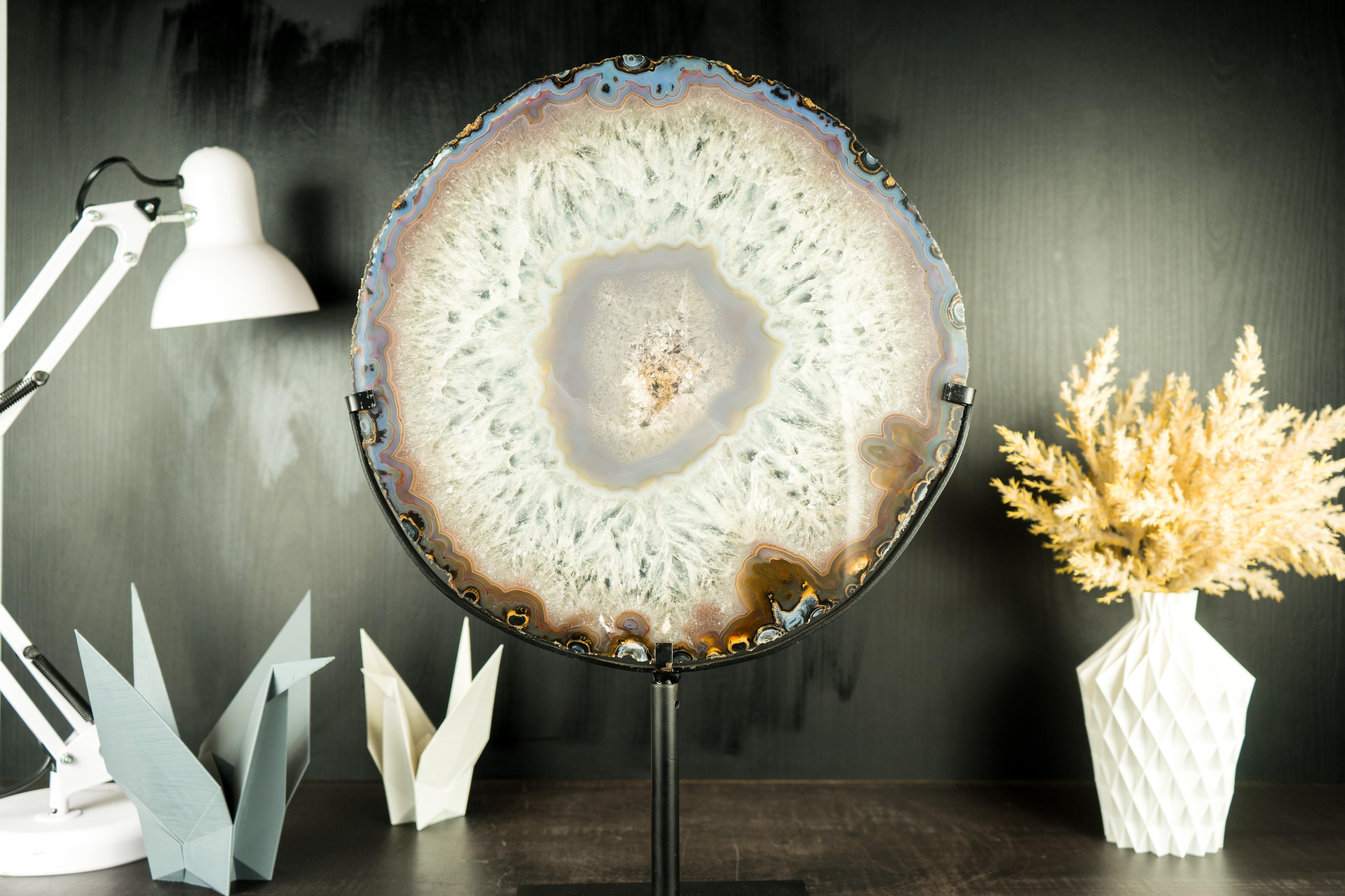 World-Class Large Lace Agate Slice, with Ice-Like Crystal and Lace Agate Frame For Sale 14
