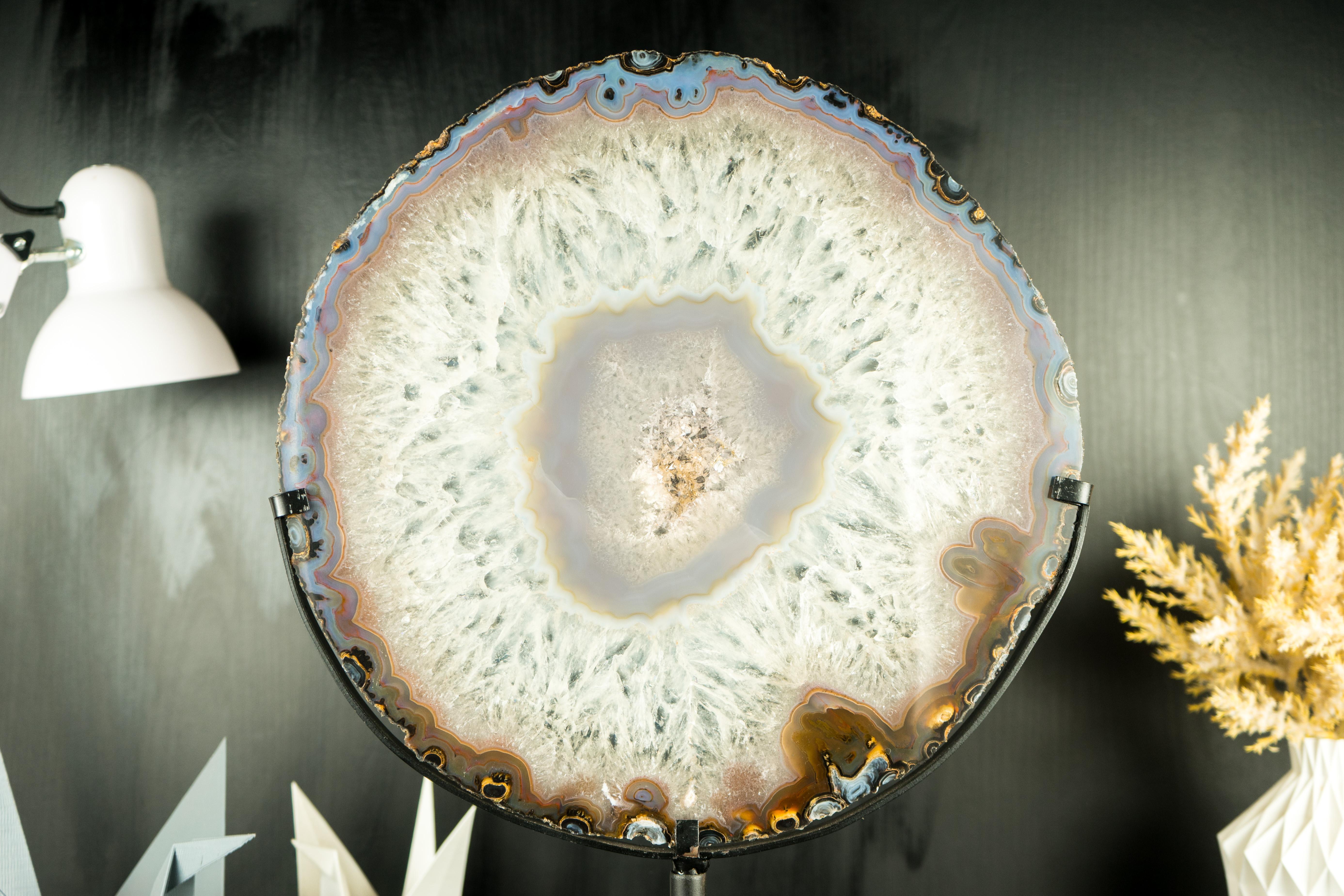 Brazilian World-Class Large Lace Agate Slice, with Ice-Like Crystal and Lace Agate Frame For Sale