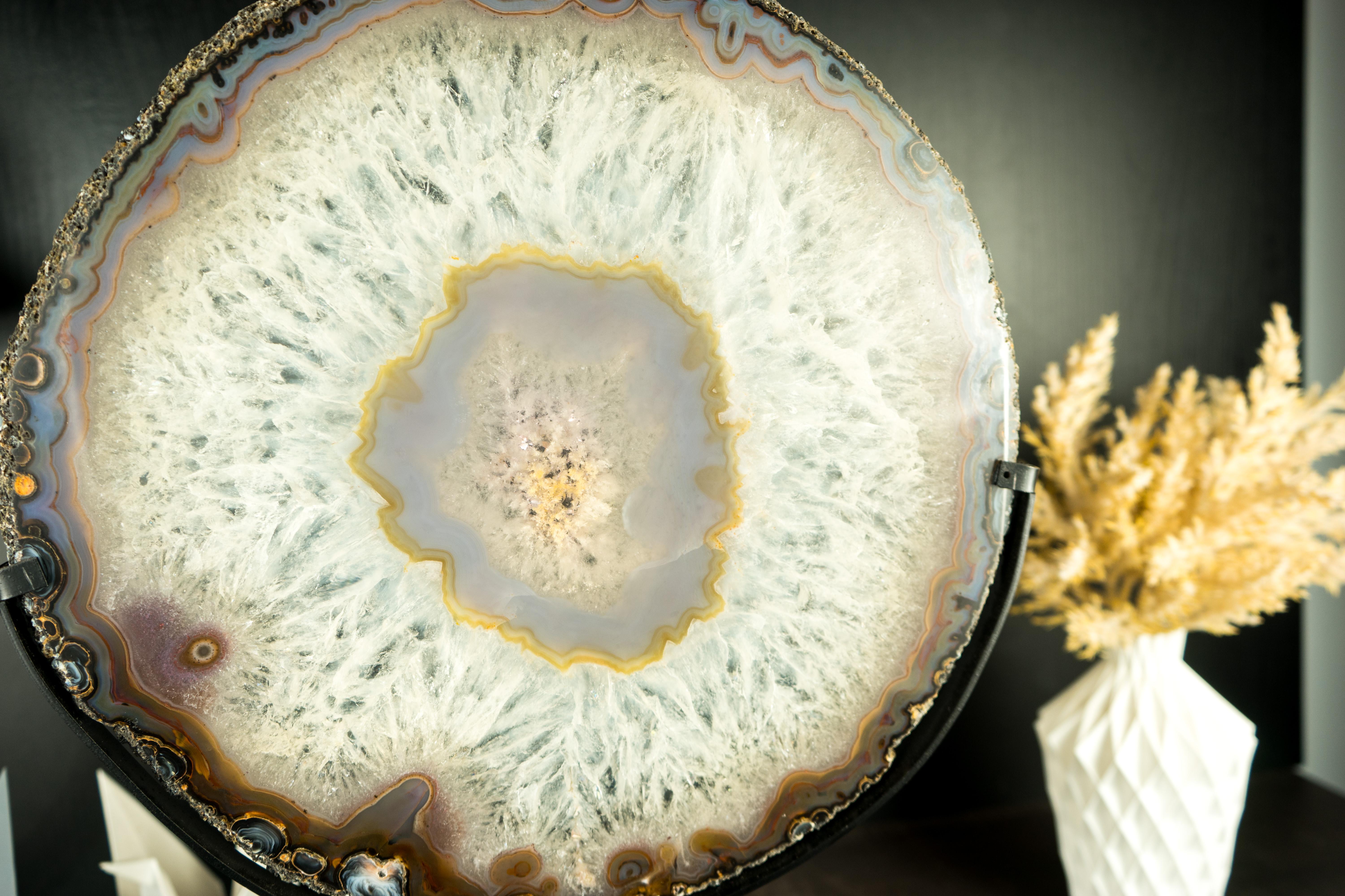 World-Class Large Lace Agate Slice, with Ice-Like Crystal and Lace Agate Frame For Sale 2