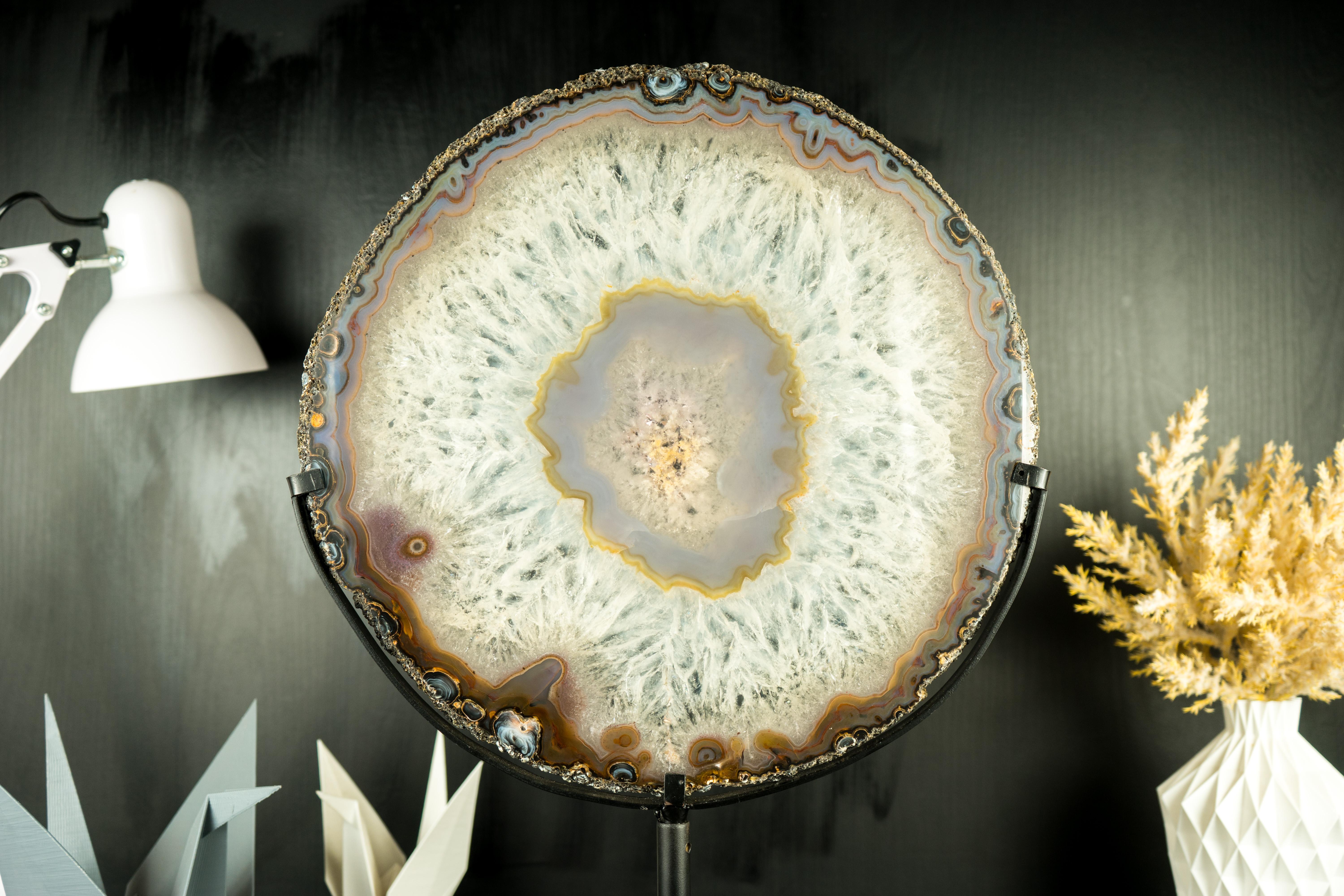 World-Class Large Lace Agate Slice, with Ice-Like Crystal and Lace Agate Frame For Sale 4