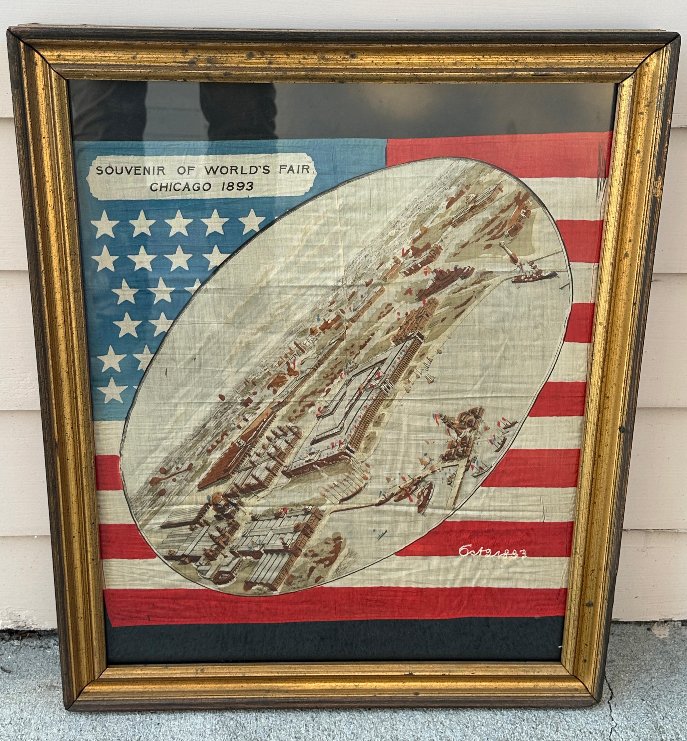 Tissu World Fair Chicago Bandana Signed and Dated 1893 en vente