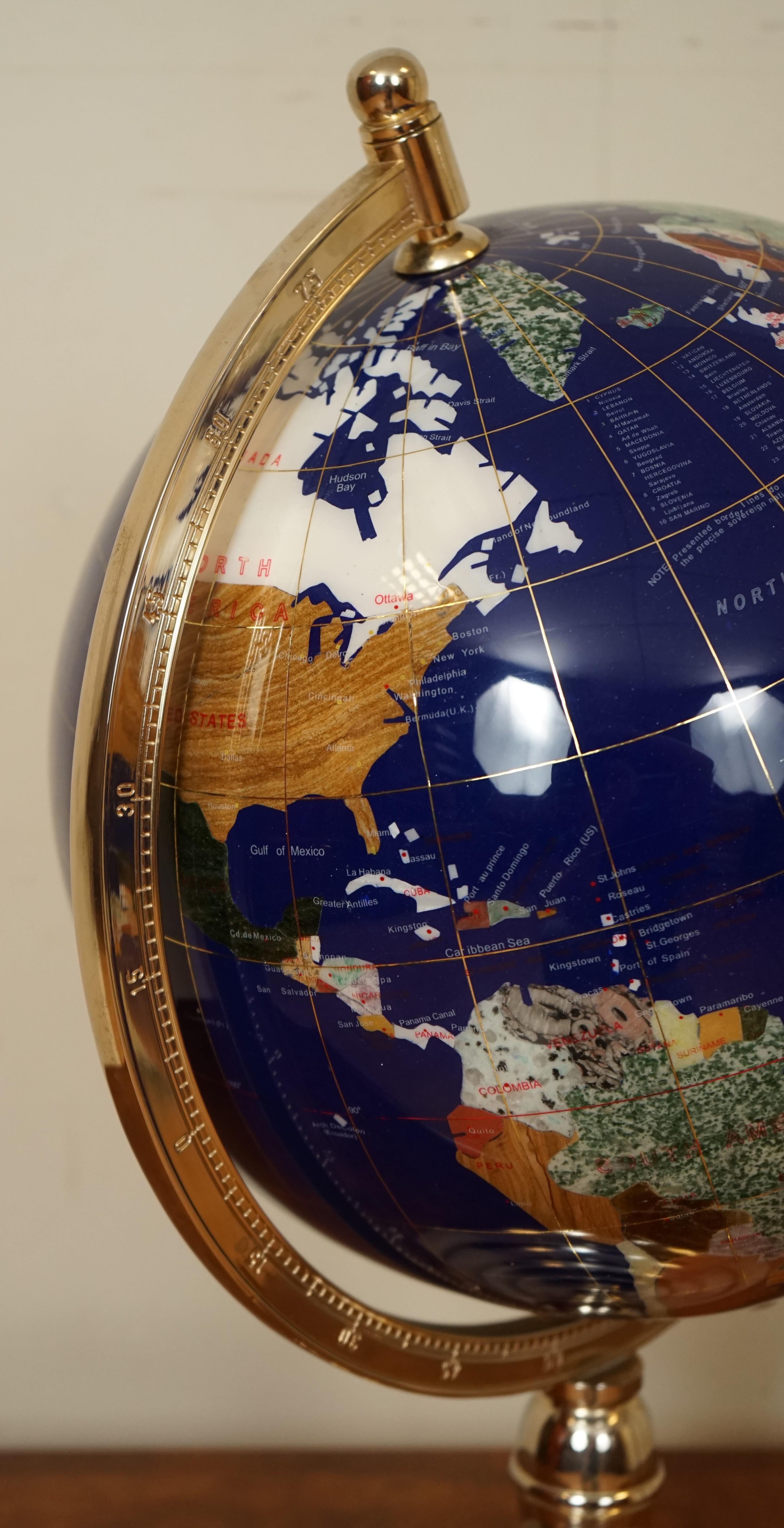 Hand-Crafted World Globe Made of Precious Gemstones with Brass Stand, 7kg