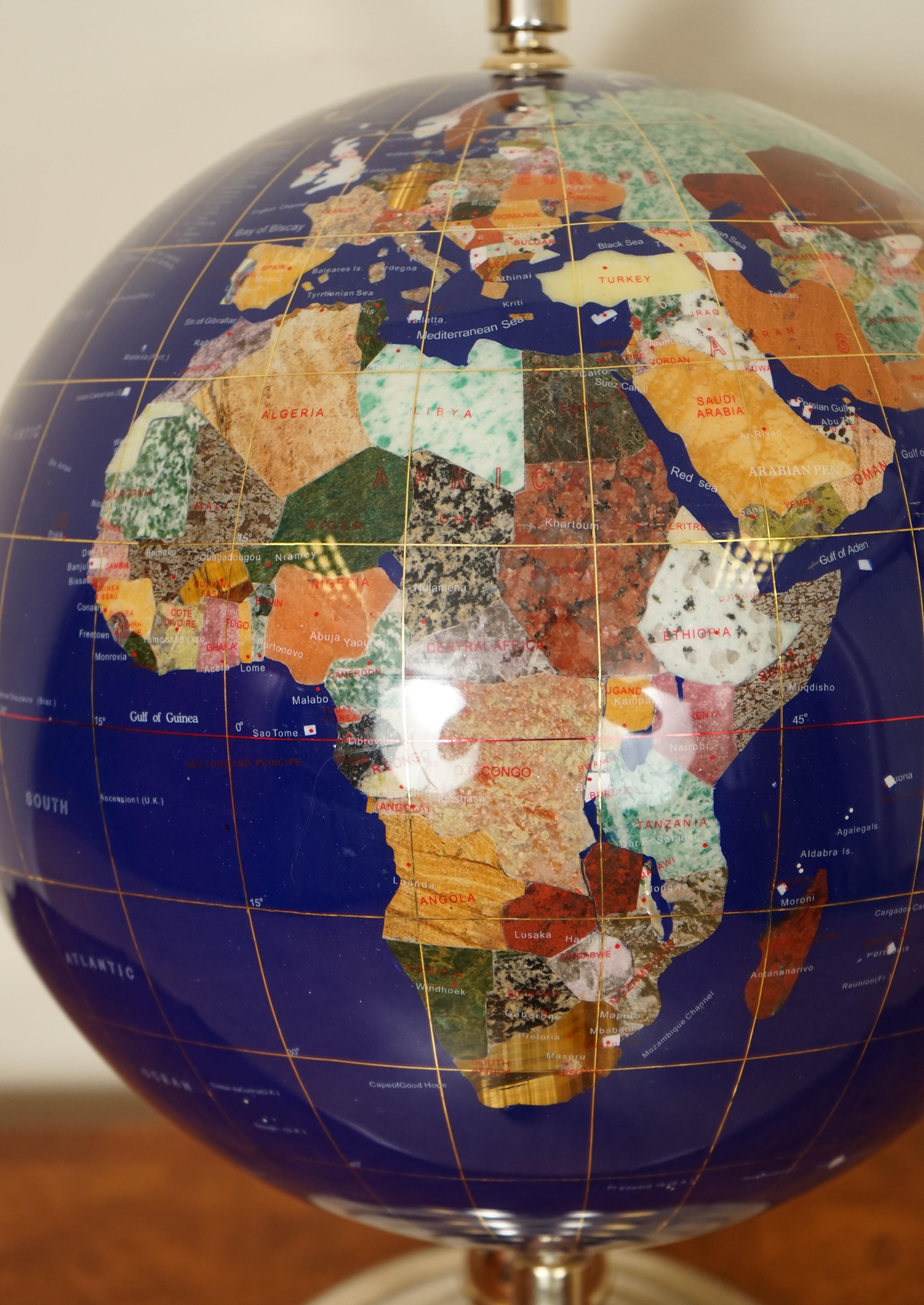 20th Century World Globe Made of Precious Gemstones with Brass Stand, 7kg