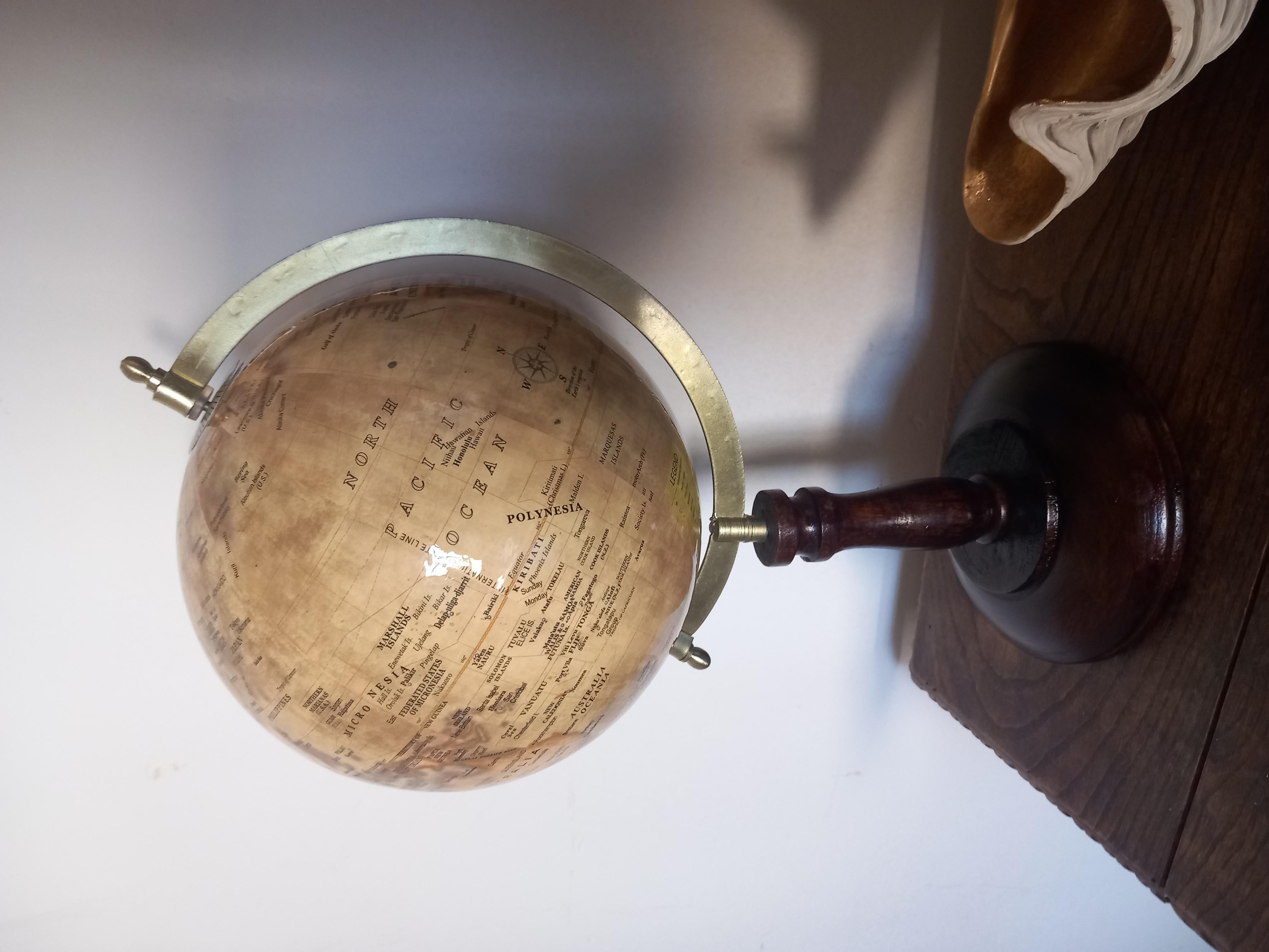 World Globe With Wooden Foot, and Brass 20th Century For Sale 2