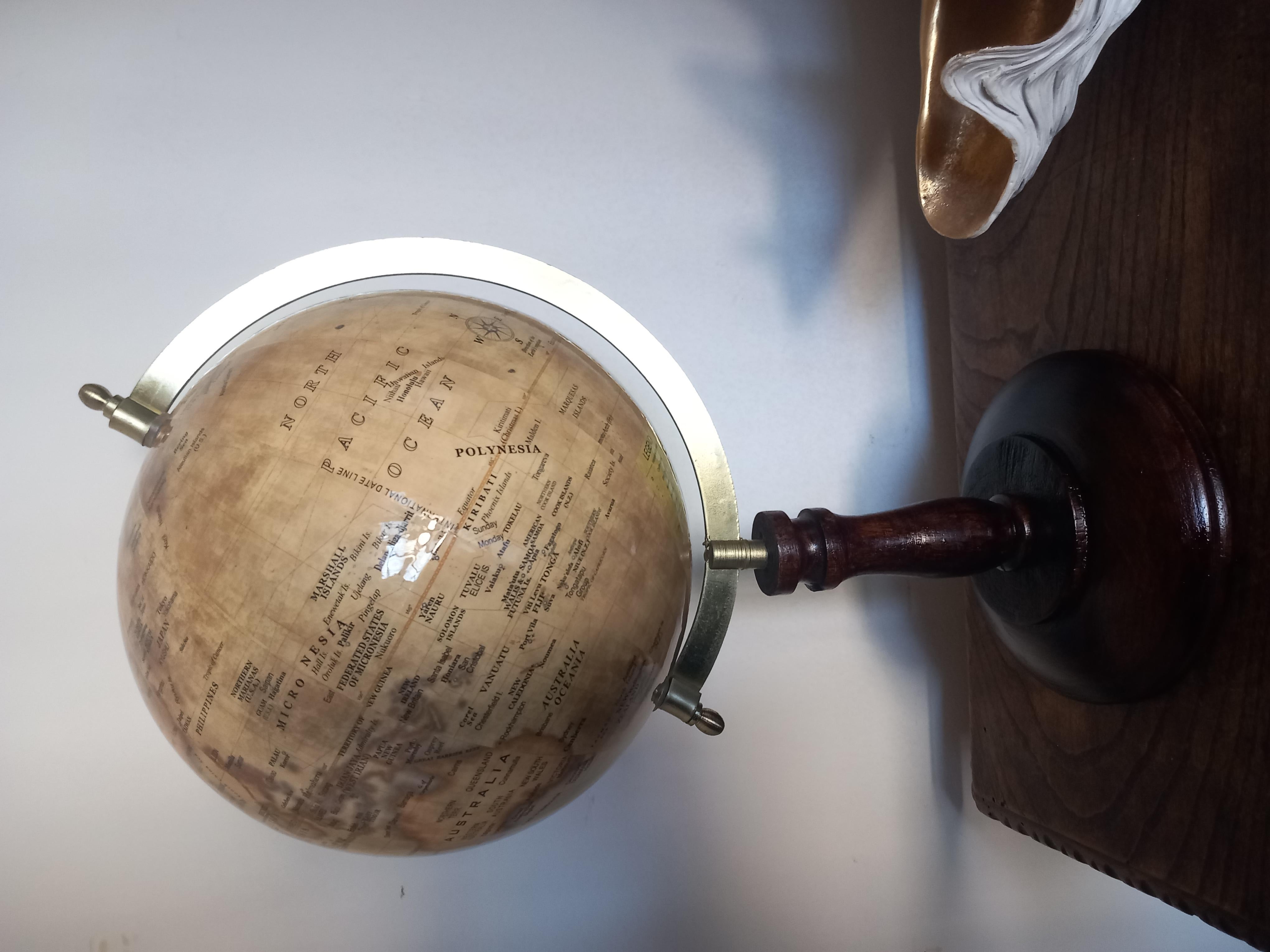 World Globe With Wooden Foot, and Brass 20th Century For Sale 3