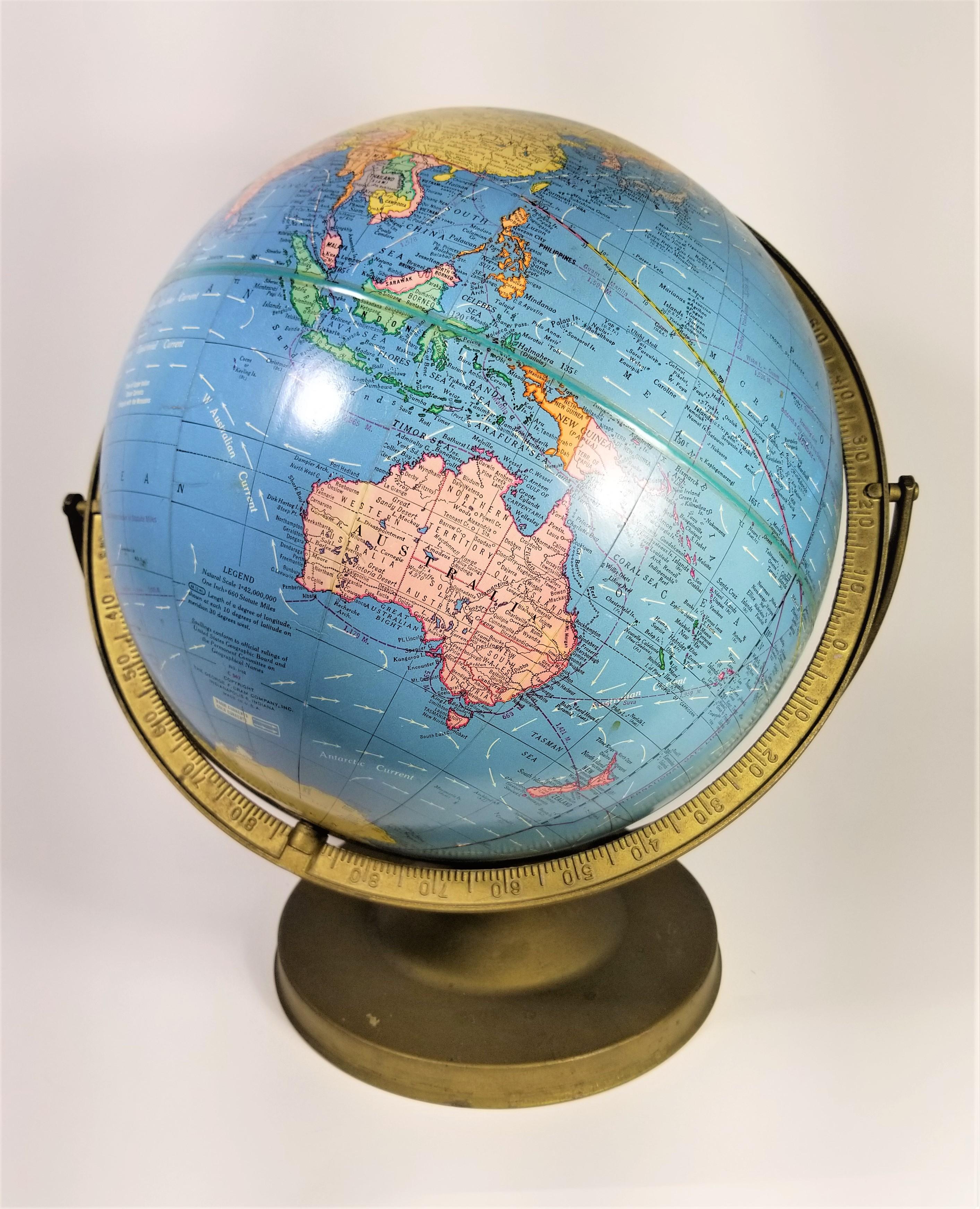 Metal World Globe Cram's Imperial Circa 1950 12 inch For Sale