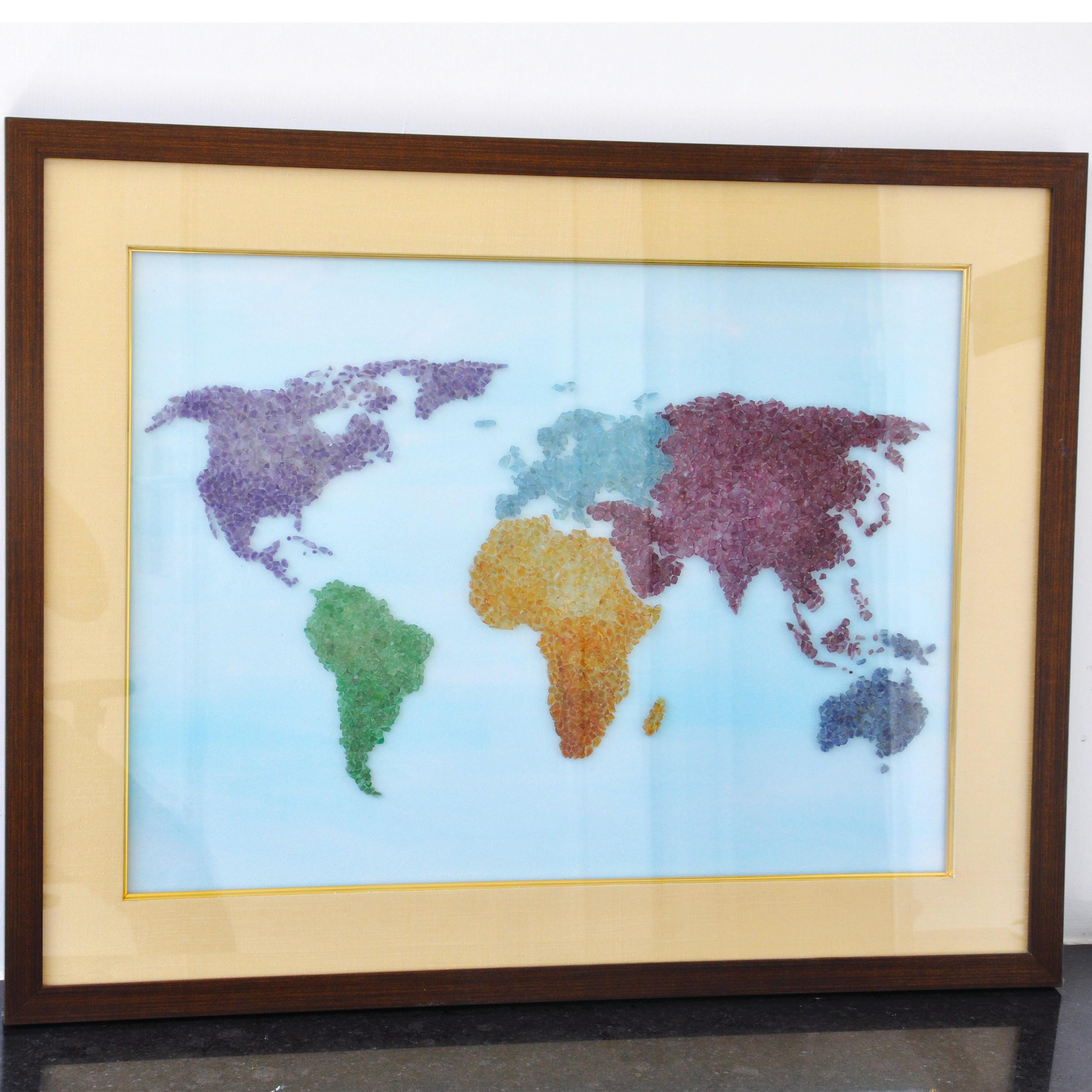 Mapamundi Amatista Esmeralda Peridoto Aguamarina Rodolita Citrino Pintura mural Contemporáneo en venta