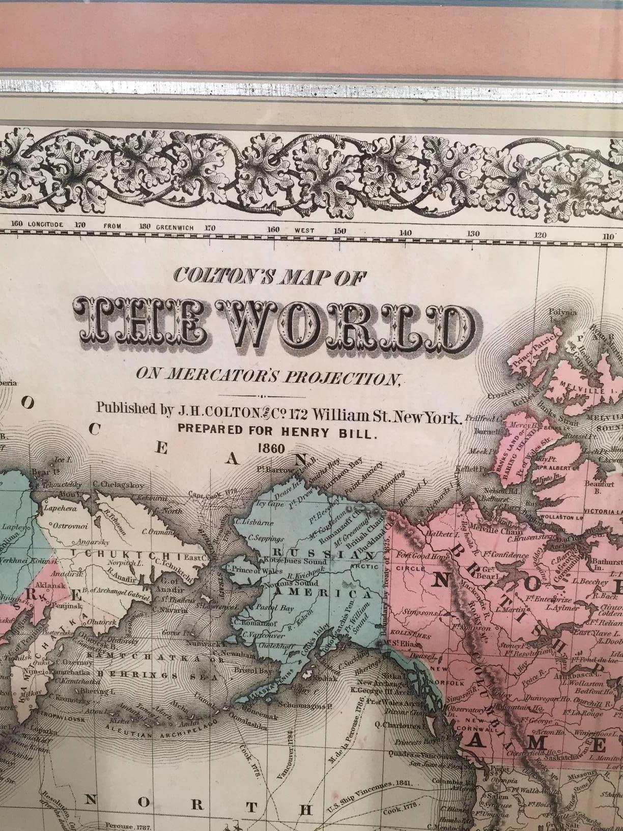 A highly decorative colored engraving depicting the world published by J.H. Colton & Co. in 1860, the map beautifully hand colored and rendered. French matted and custom framed.