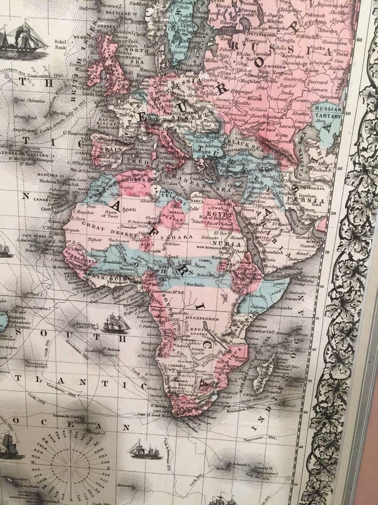 World Map By J H Colton 1860 Custom Framed With French