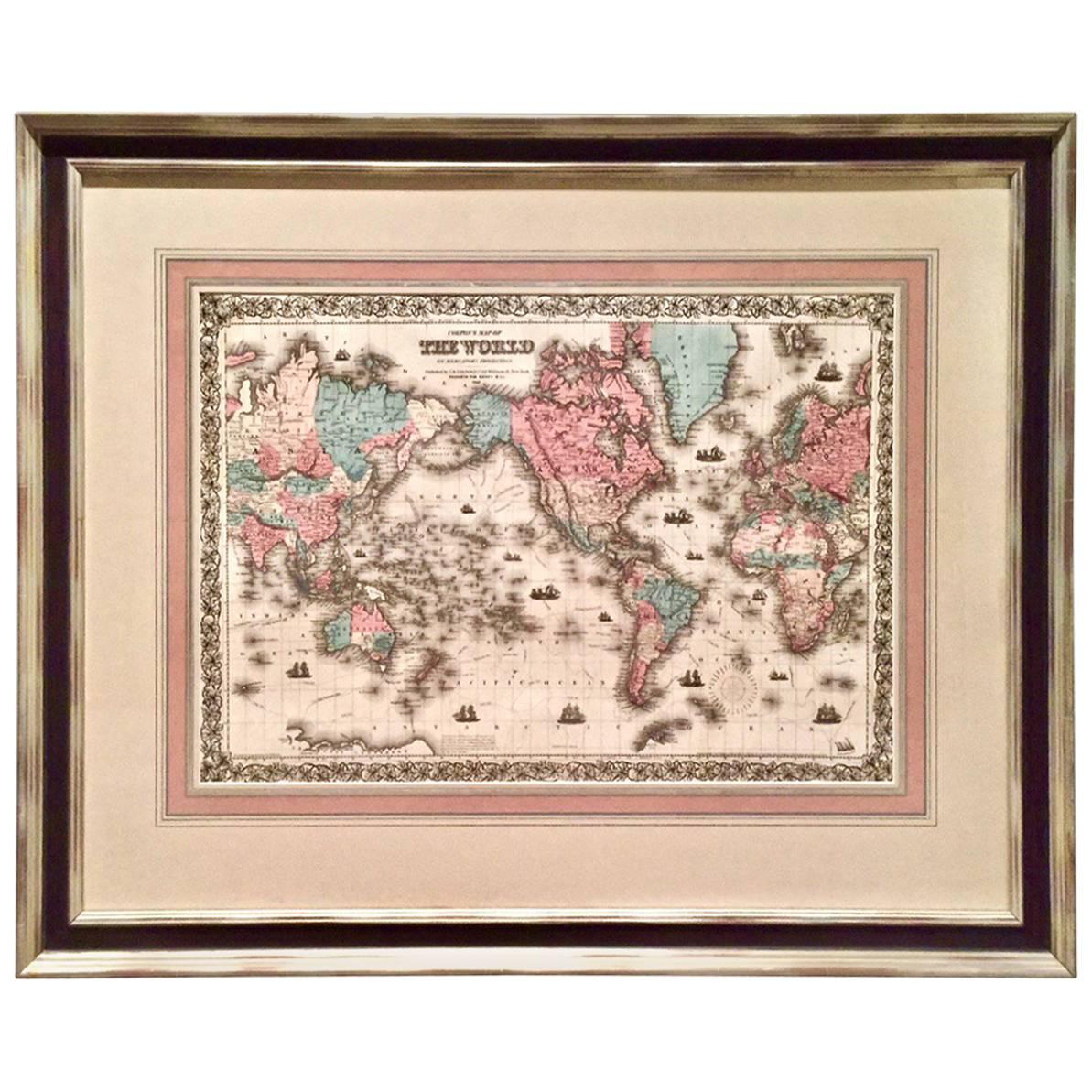 World Map by J.H. Colton 1860 Custom Framed with French Mat