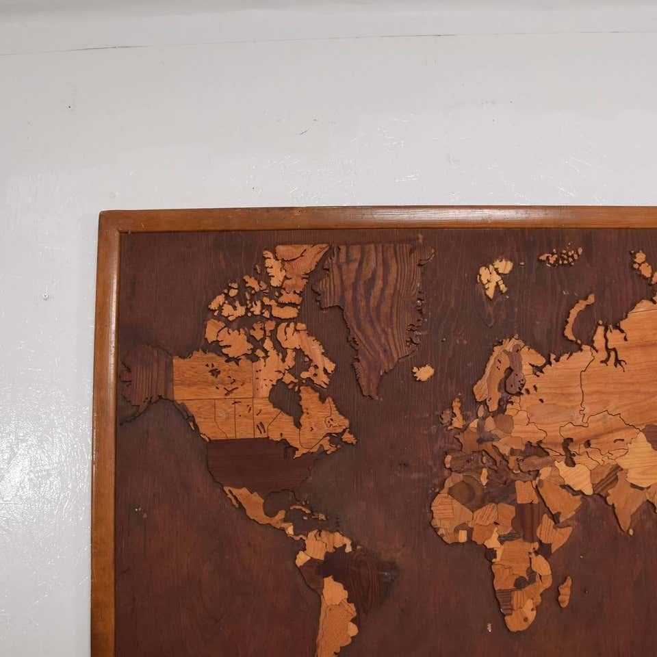 American 1950s WORLD MAP Wall Art Custom Hand Carved Exotic Wood Carpentry
