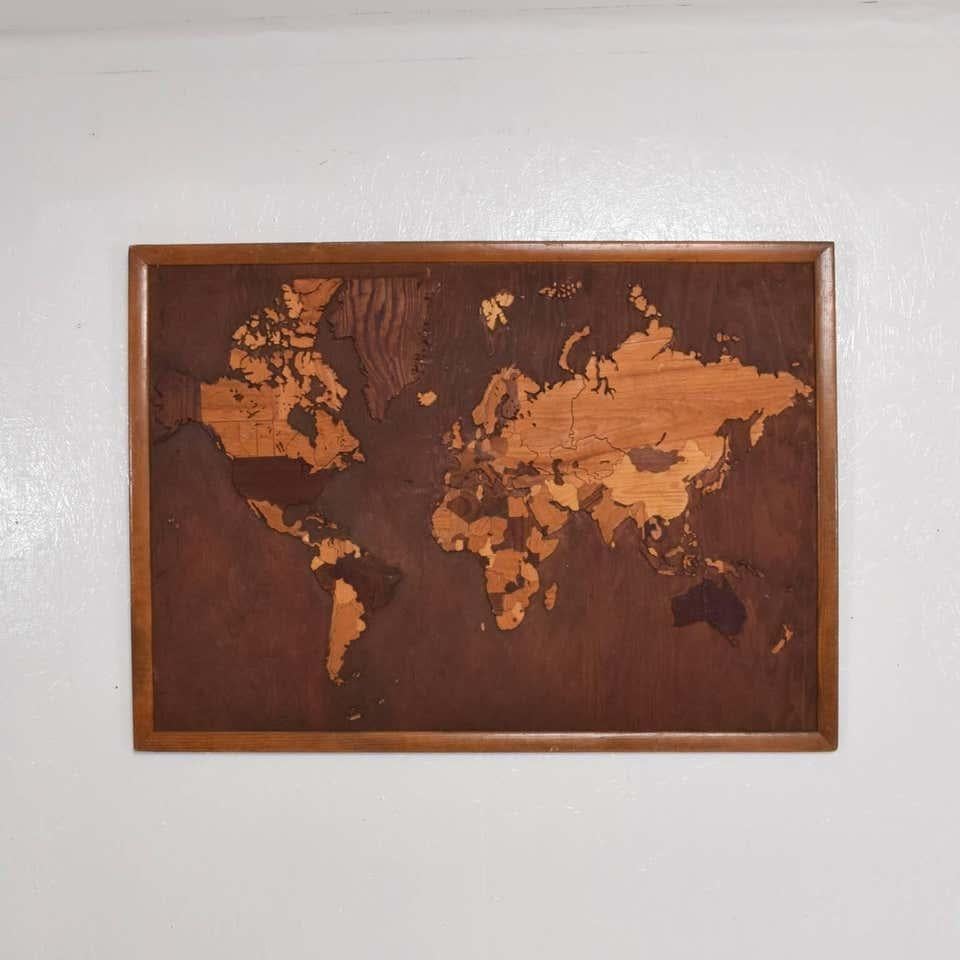 1950s WORLD MAP Wall Art Custom Hand Carved Exotic Wood Carpentry In Good Condition In Chula Vista, CA