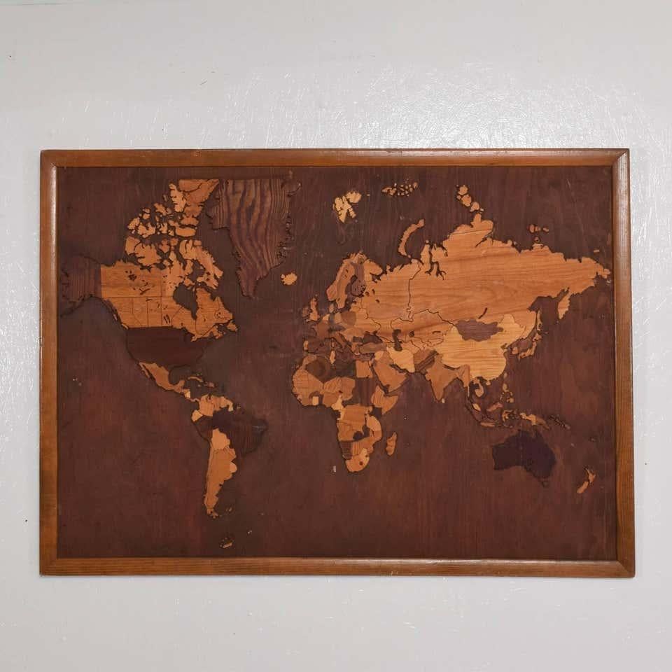 Mid-Century Modern 1950s WORLD MAP Wall Art Custom Hand Carved Exotic Wood Carpentry