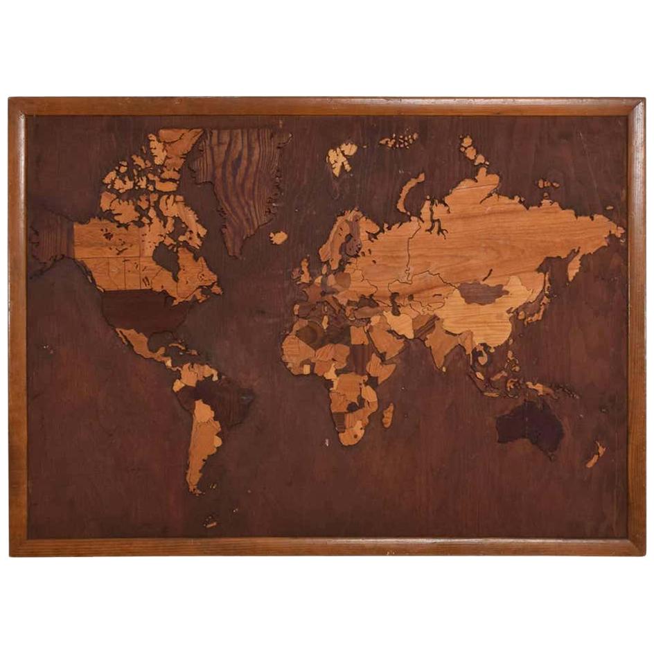 World Map Exotic Wood Wall Art Custom Hand Carved Carpentry, 1950s