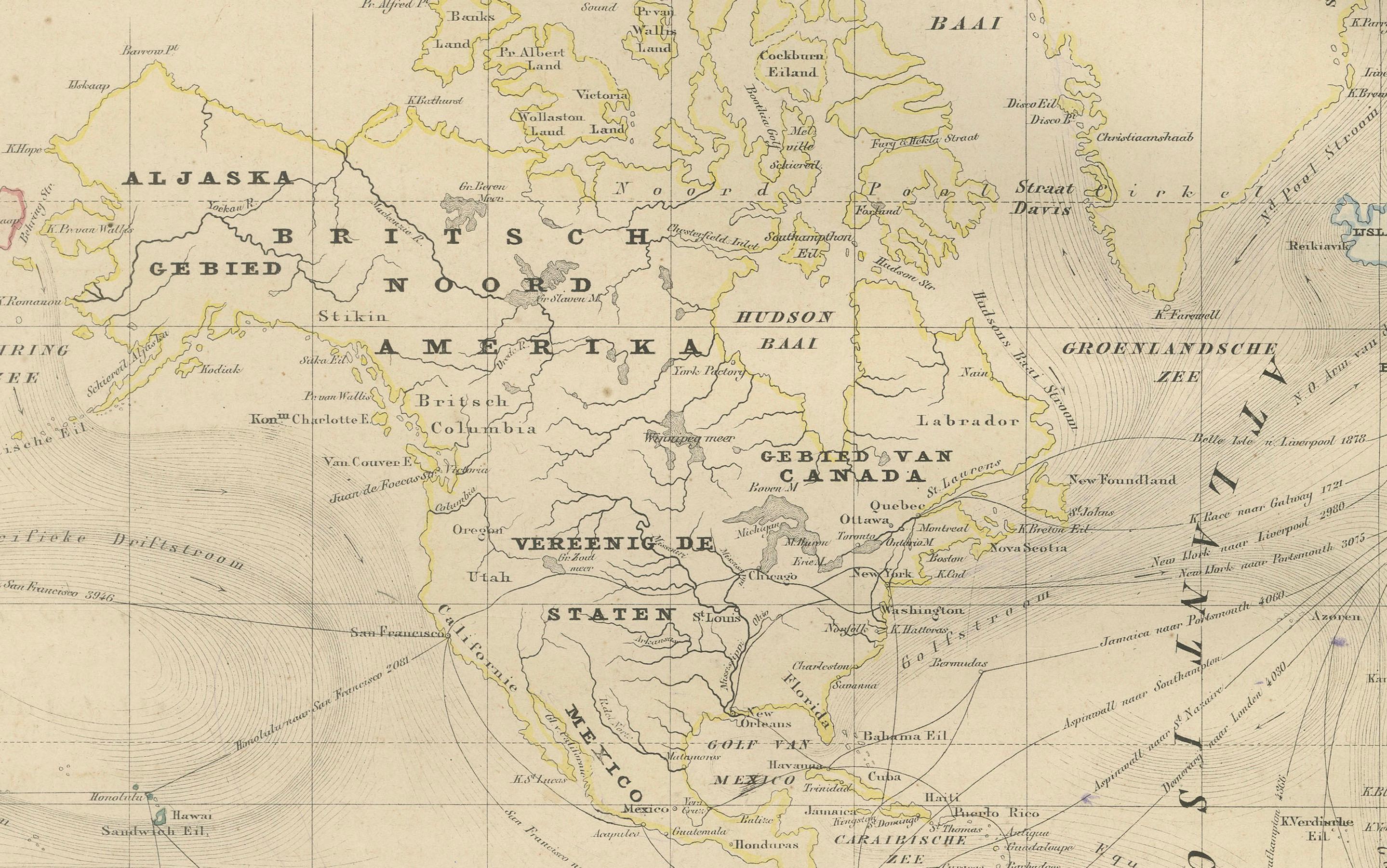 Néerlandais Carte du monde en projection de Mercator - Nieuwe Hand-Atlas, Leiden 1876 en vente