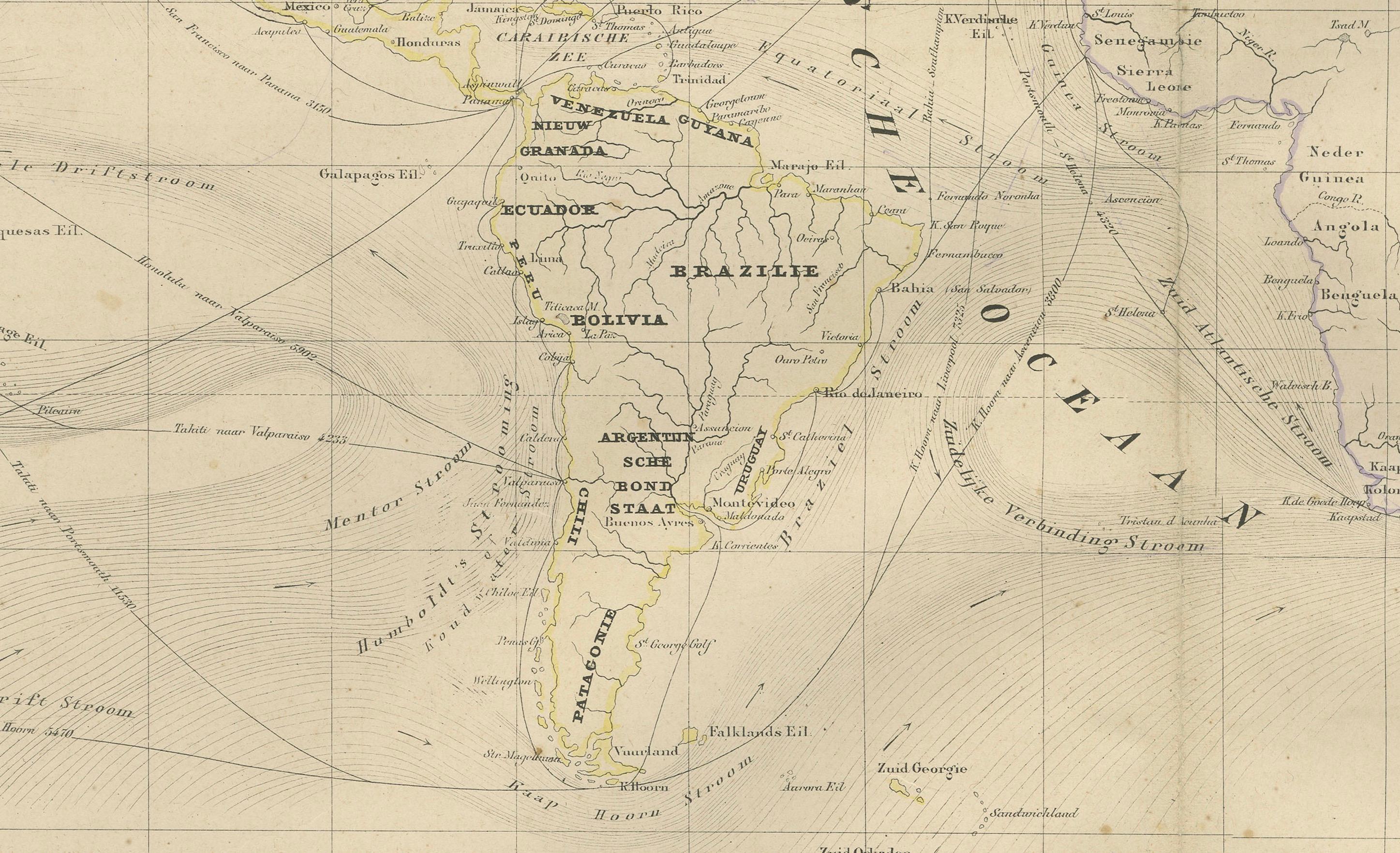 Carte du monde en projection de Mercator - Nieuwe Hand-Atlas, Leiden 1876 Bon état - En vente à Langweer, NL