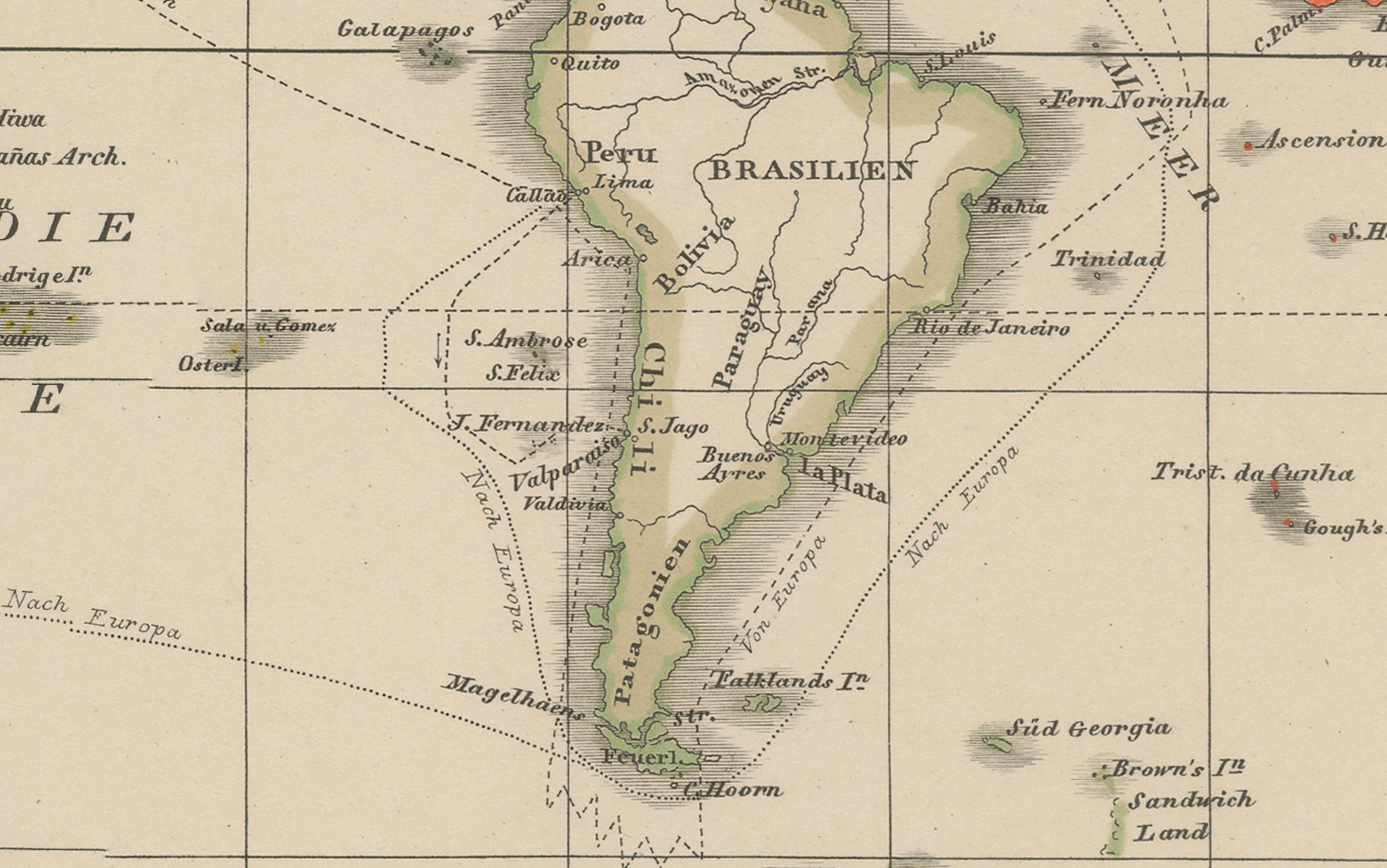 World Map – Mercator Projection with Global Sea Routes 1857

This attractive antique print shows a world map titled “Planiglob in Mercators Projection zur Übersicht der Erdfläche und der Seereisen,” meaning “Planiglob in Mercator Projection for