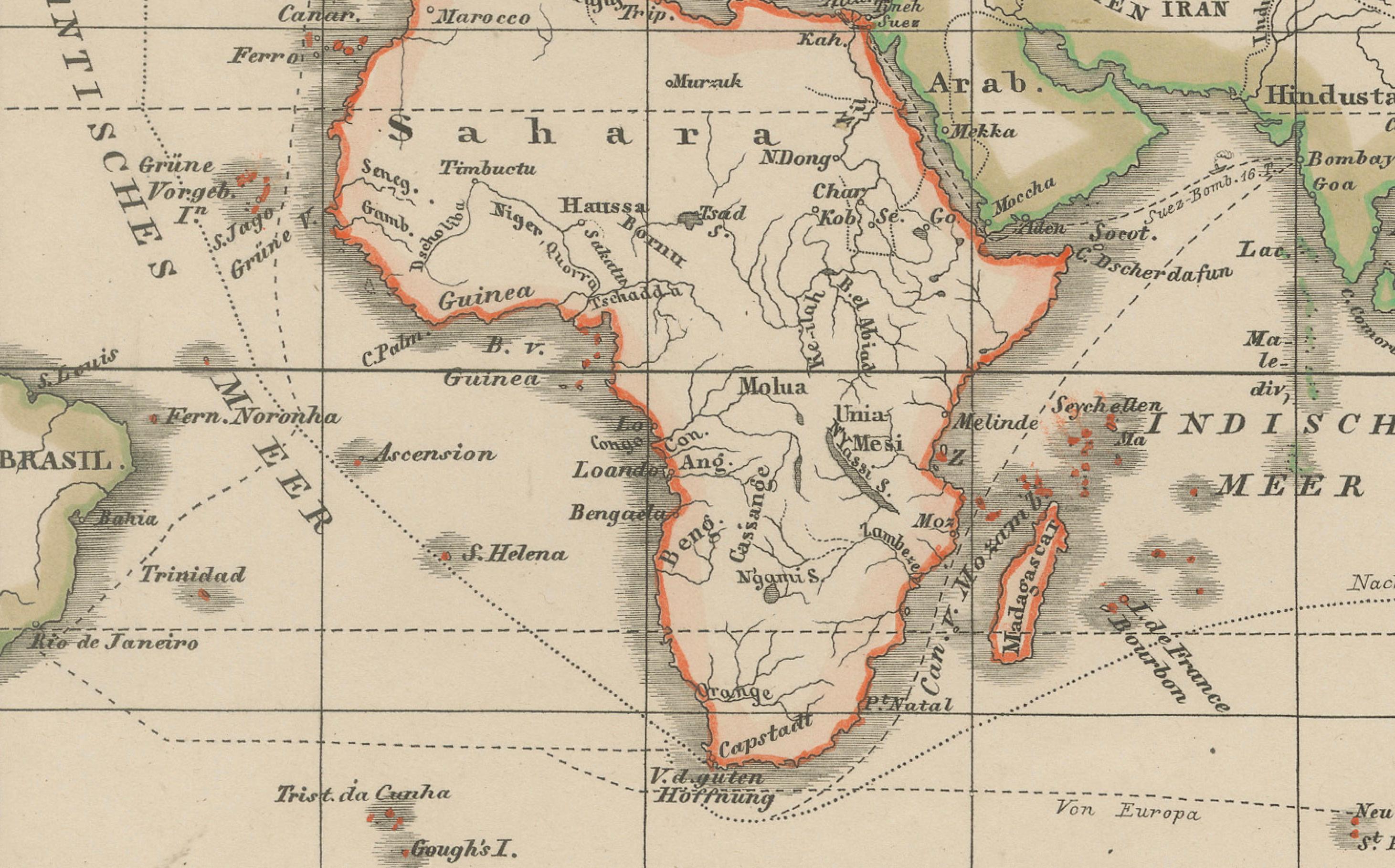 World Map – Mercator Projection with Global Sea Routes, Published in 1857 In Good Condition For Sale In Langweer, NL