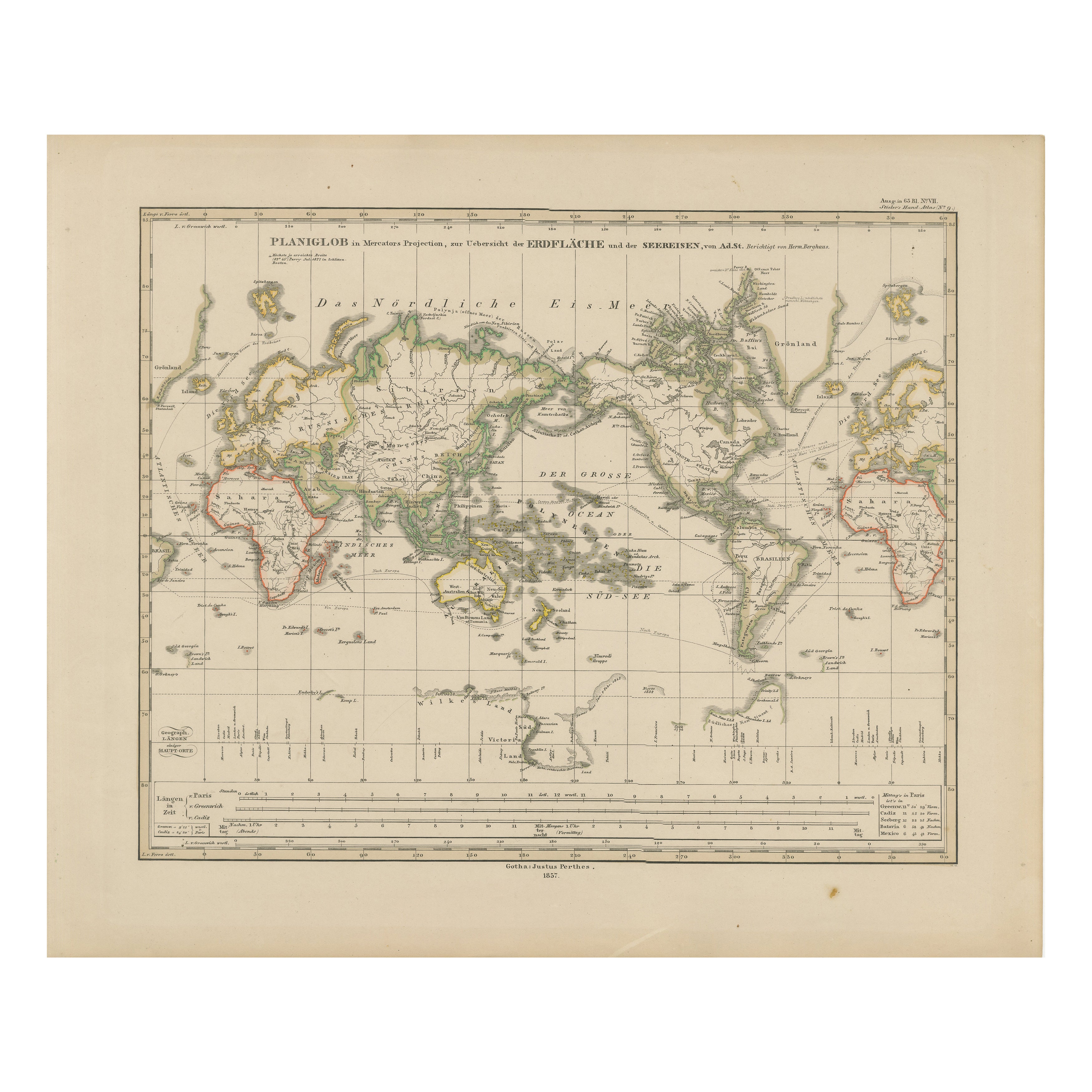 World Map – Mercator Projection with Global Sea Routes, Published in 1857 For Sale