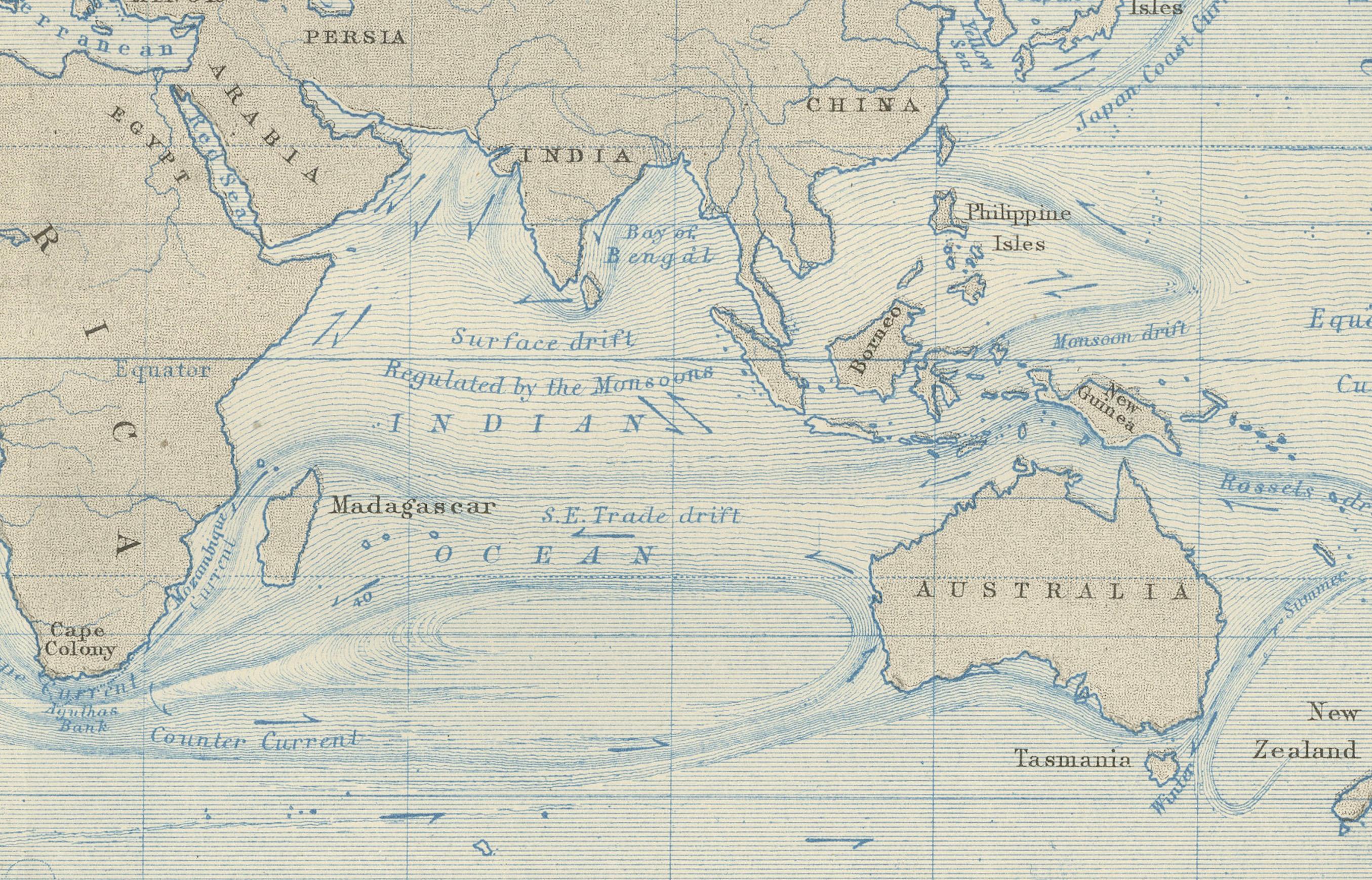 World Map of Ocean Currents by A.K. Johnston, Educational Print 1852

This detailed and scientifically rich chart titled 'Chart of the World Showing the Form & Direction of the Ocean Currents' was created by the Scottish cartographer Alexander Keith