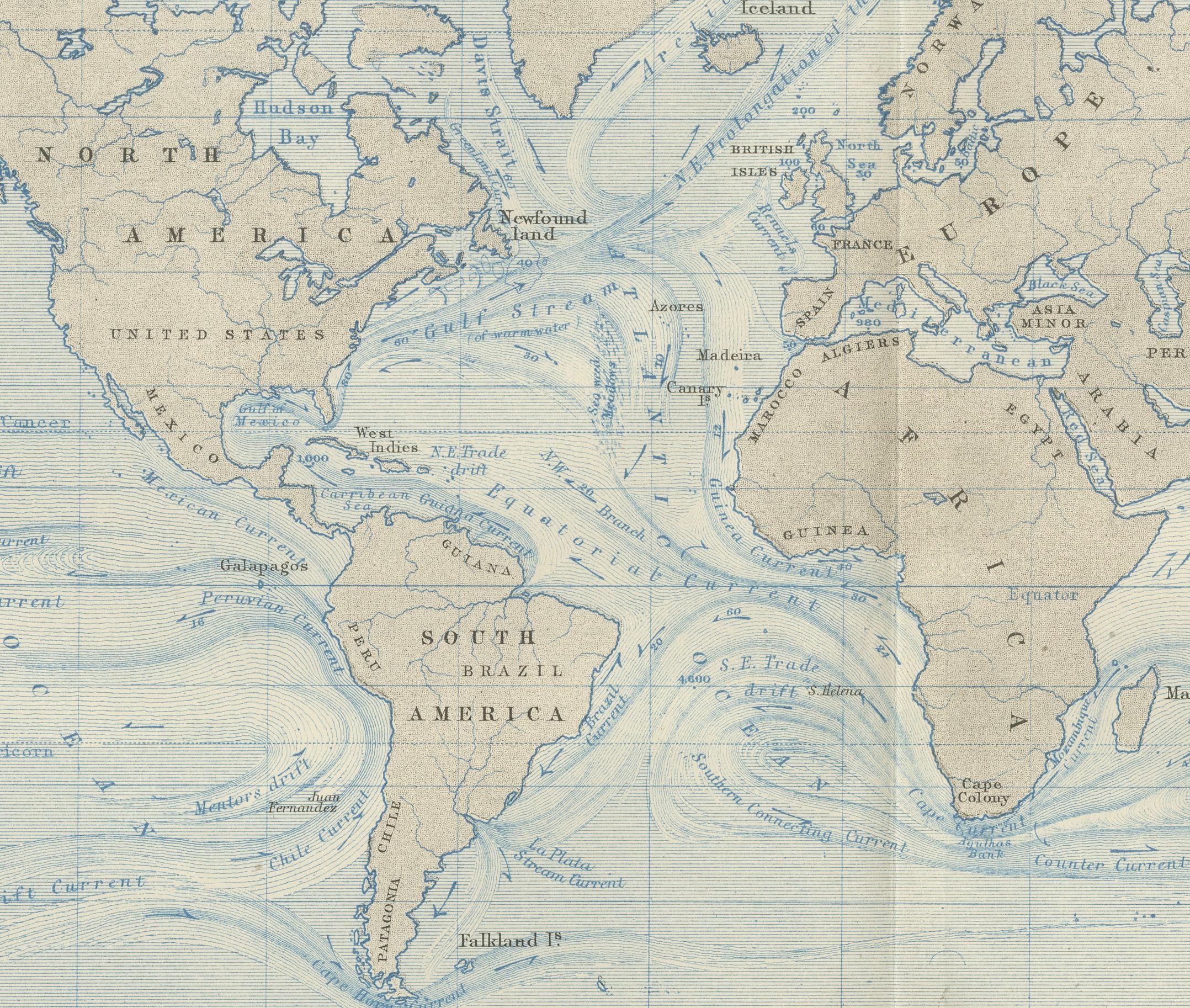 World Map of Ocean Currents by A.K. Johnston, Educational Print 1852 In Good Condition For Sale In Langweer, NL