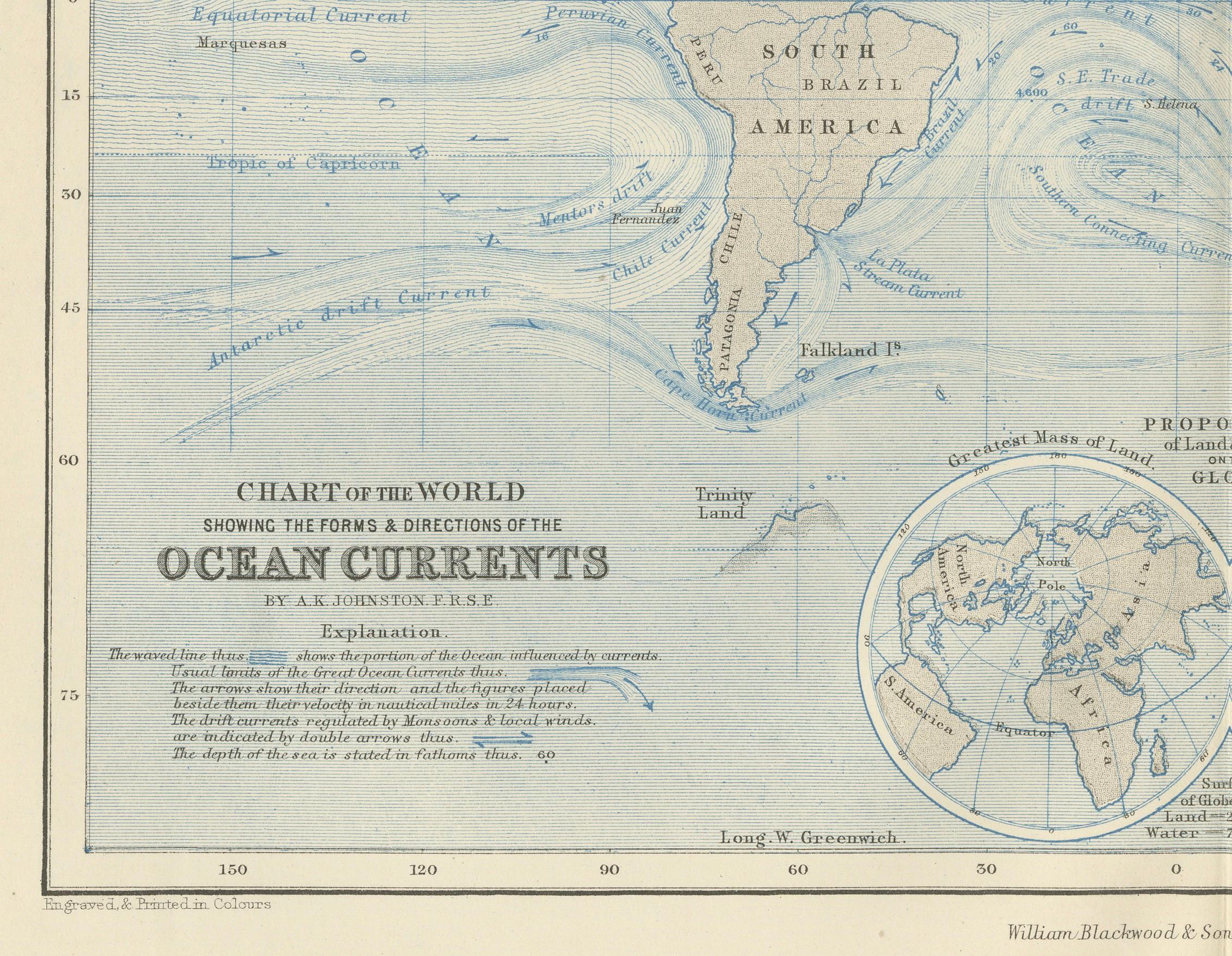 19th Century World Map of Ocean Currents by A.K. Johnston, Educational Print 1852 For Sale