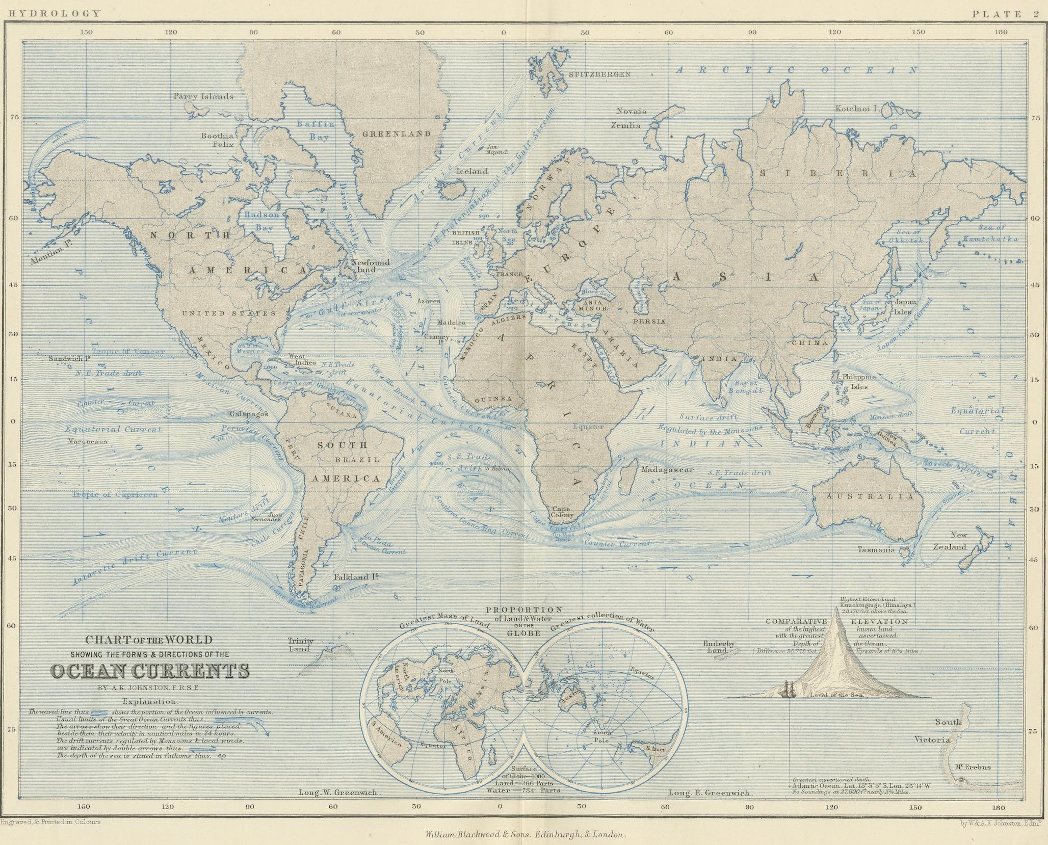 World Map of Ocean Currents by A.K. Johnston, Educational Print 1852 For Sale 1