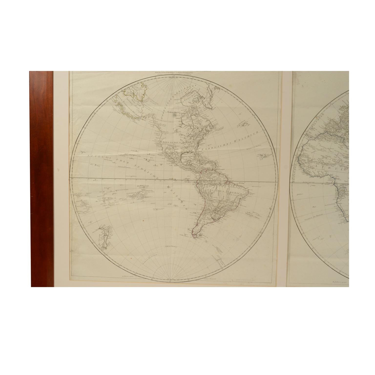 Large world map by cartographer Jean Baptist D'Anvile revised and republished in Vienna in 1786 by Franz Anton Schraembl. It is a geographical map printed by engraving on a copper plate, light coloring Coeval at the borders, which depicts the entire