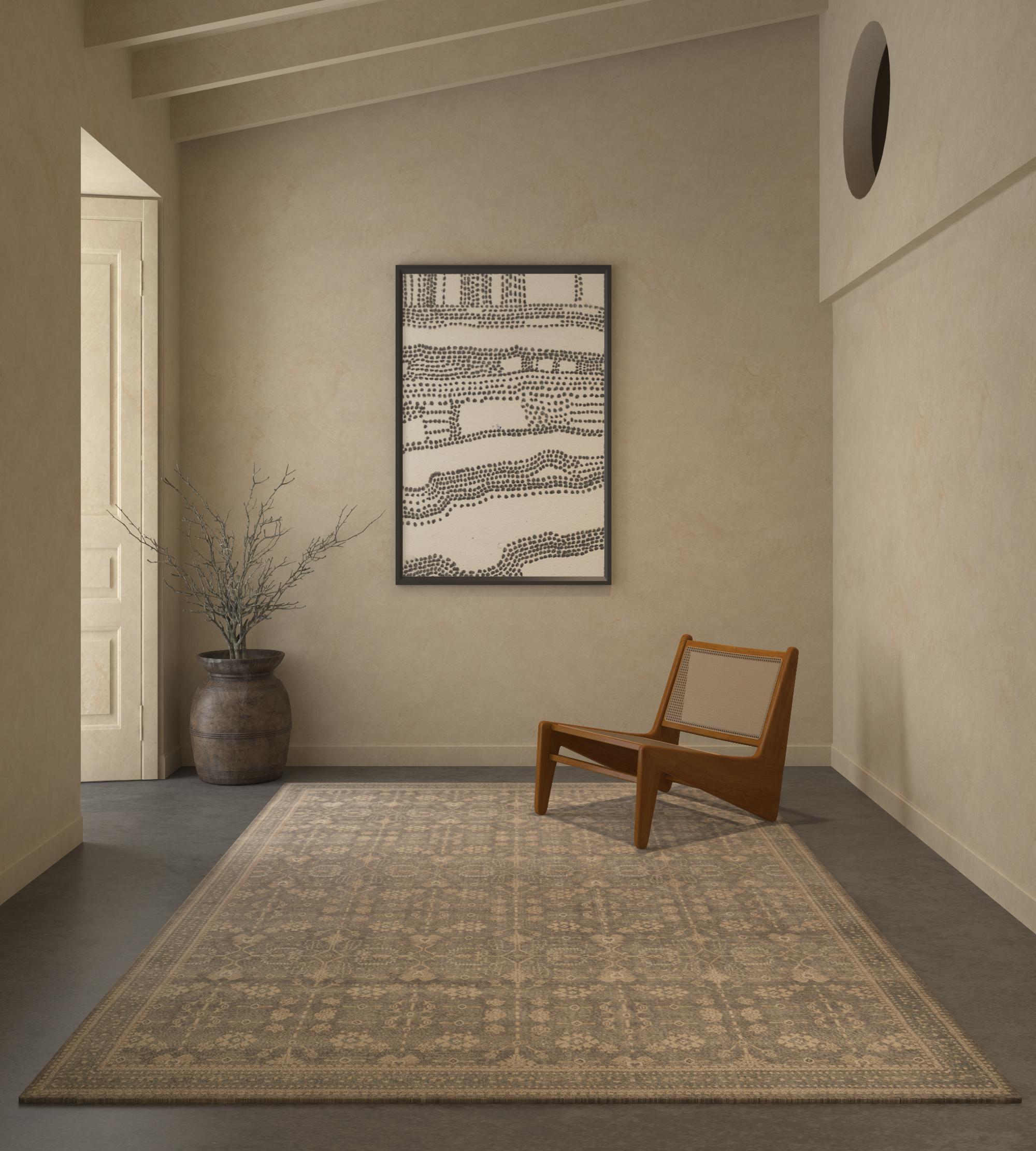 Parti per un viaggio attraverso il tempo e le culture con il tappeto Transitional. Questo capolavoro meticolosamente annodato a mano trascende le epoche, traendo ispirazione dall'arte primitiva e dal ricco arazzo dei disegni globali. Immagina motivi