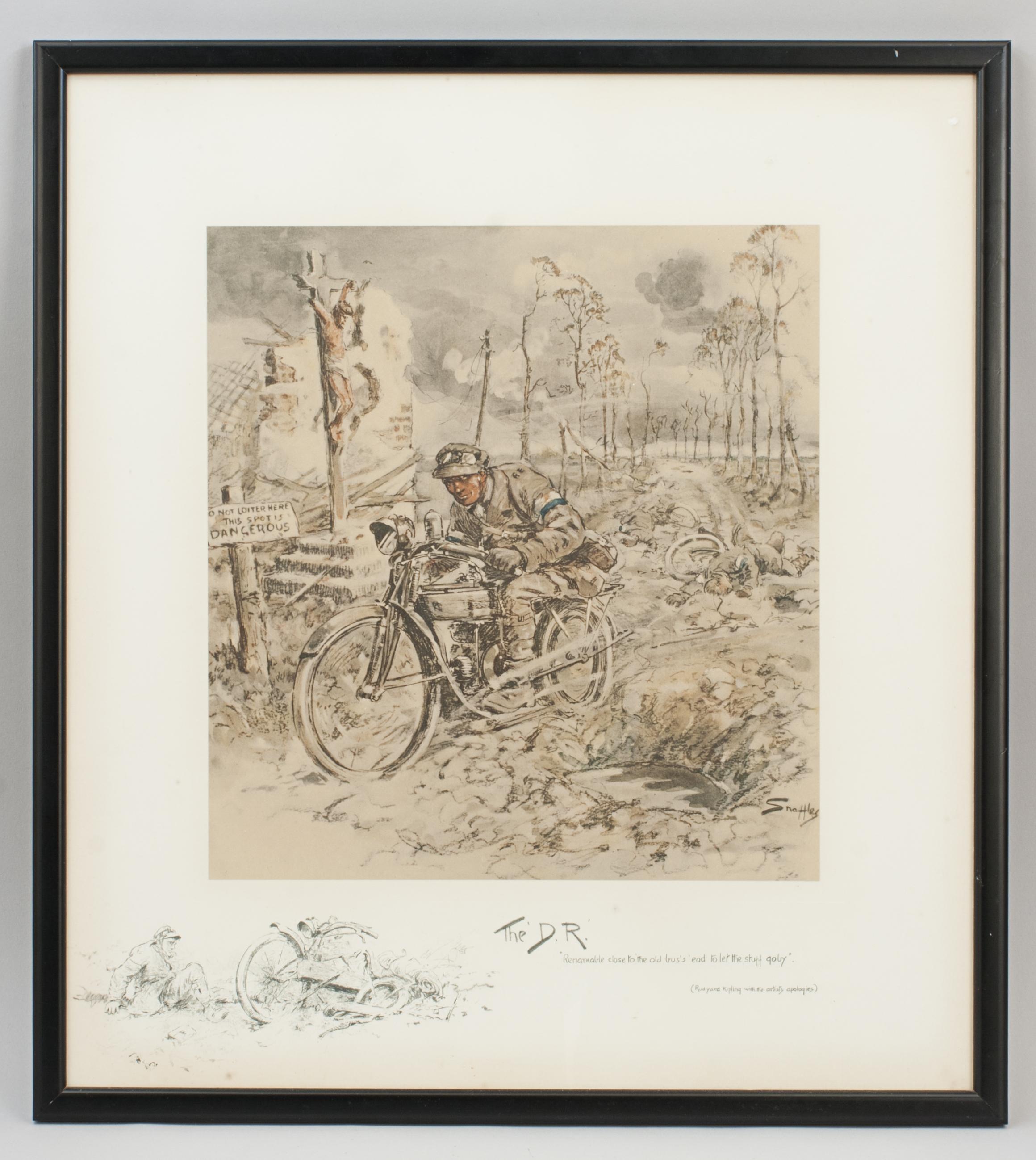 Vintage Snaffles WWI Military Print, The D.R.
A good hand coloured Snaffles WWI military print 'The D.R.'. The lithograph shows a despatch rider on a motor cycle, racing past two dead riders in the road, a sign saying 