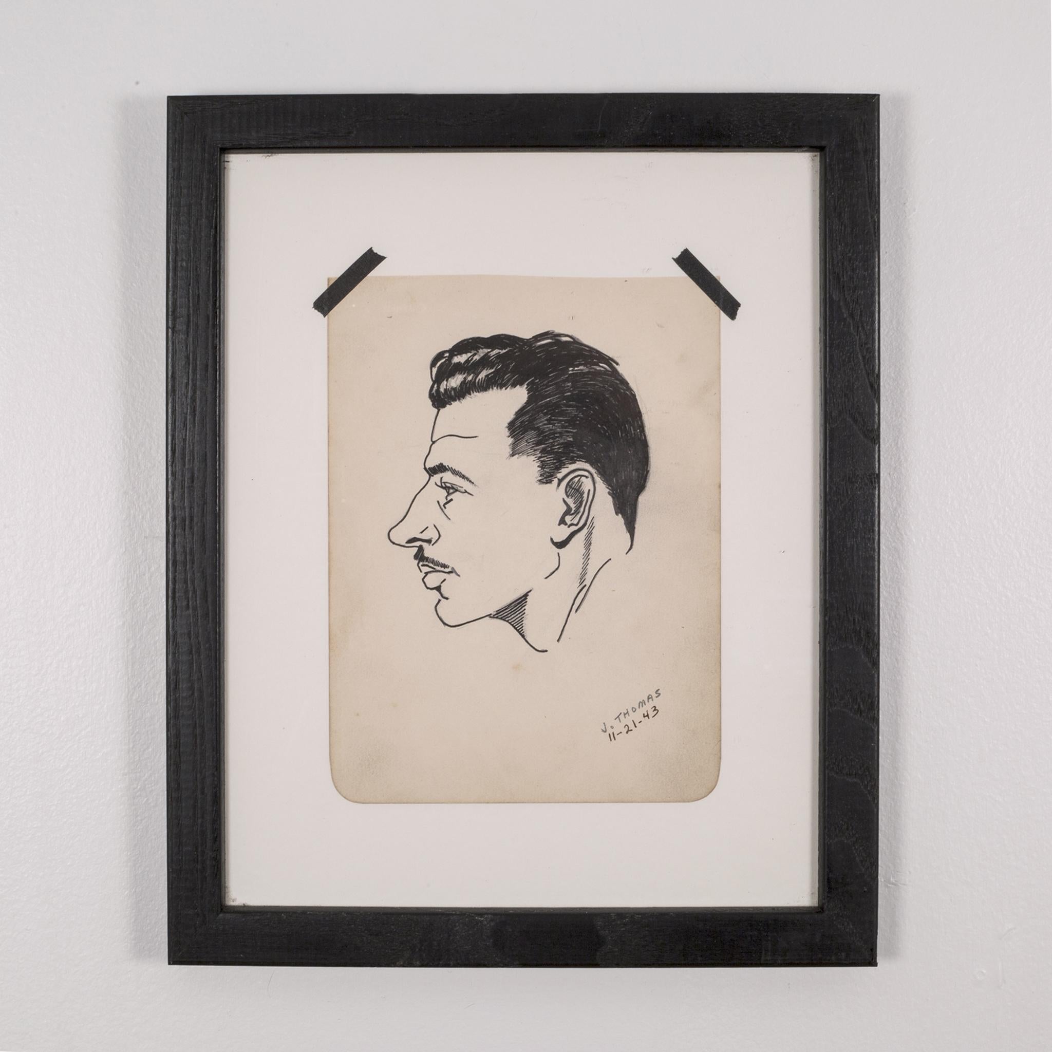 20th Century World War Era Sketched Profile of Man by J. Thomas, circa 1943