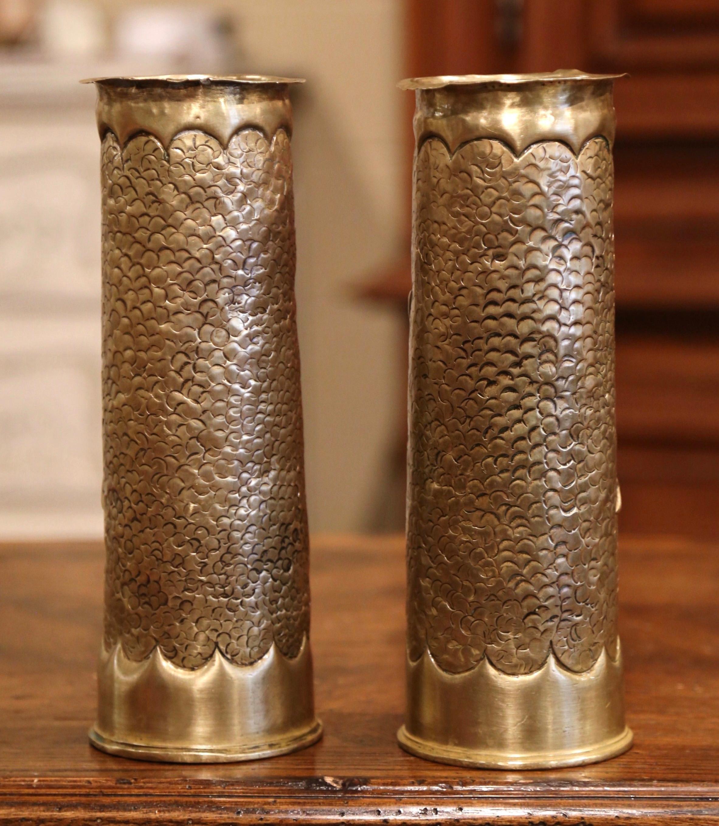 Patinated World War I French Trench Artillery Brass Shell Casing Vases, Dated 1915