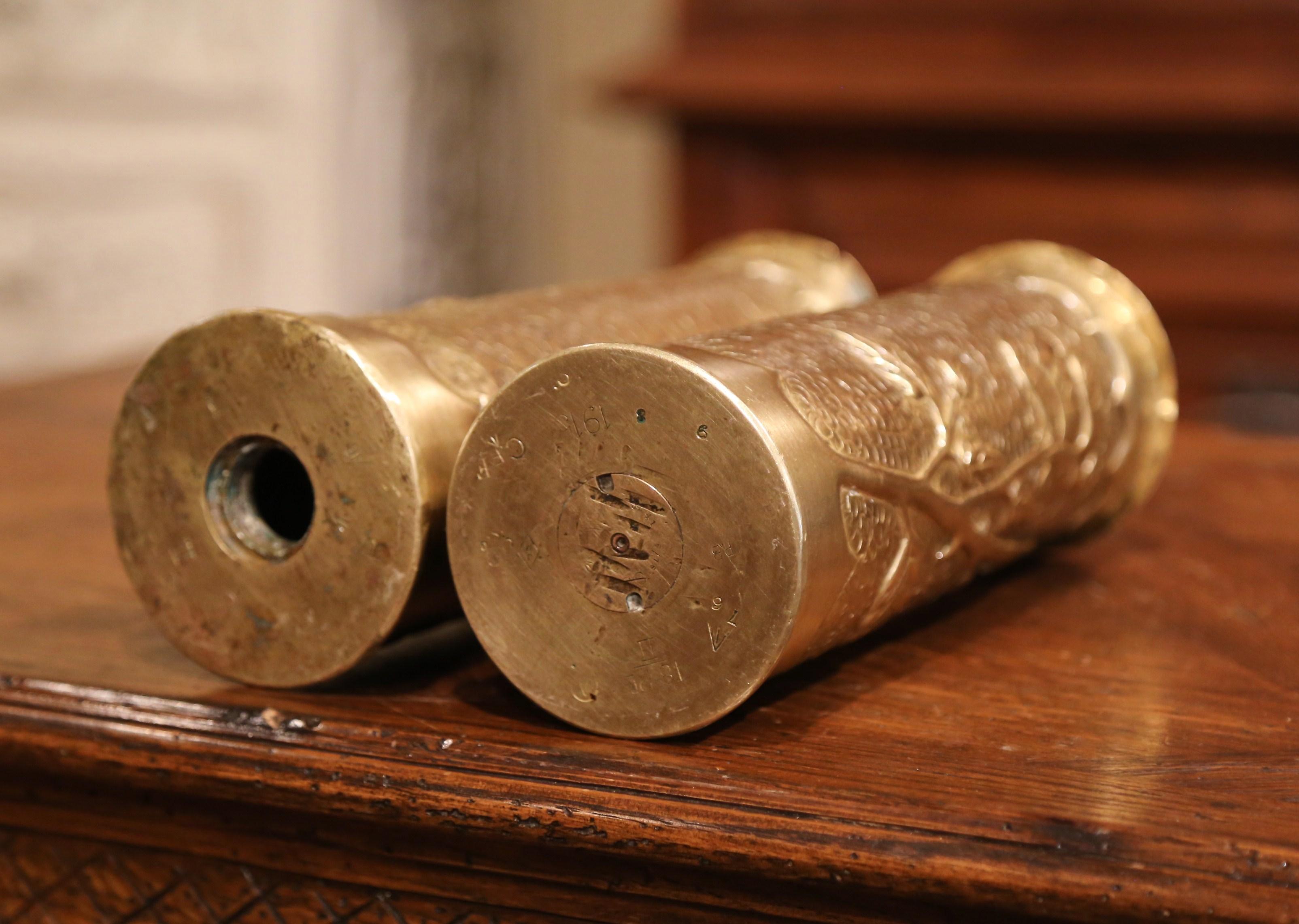 World War I French Trench Artillery Brass Shell Casing Vases, Dated 1915 In Excellent Condition In Dallas, TX