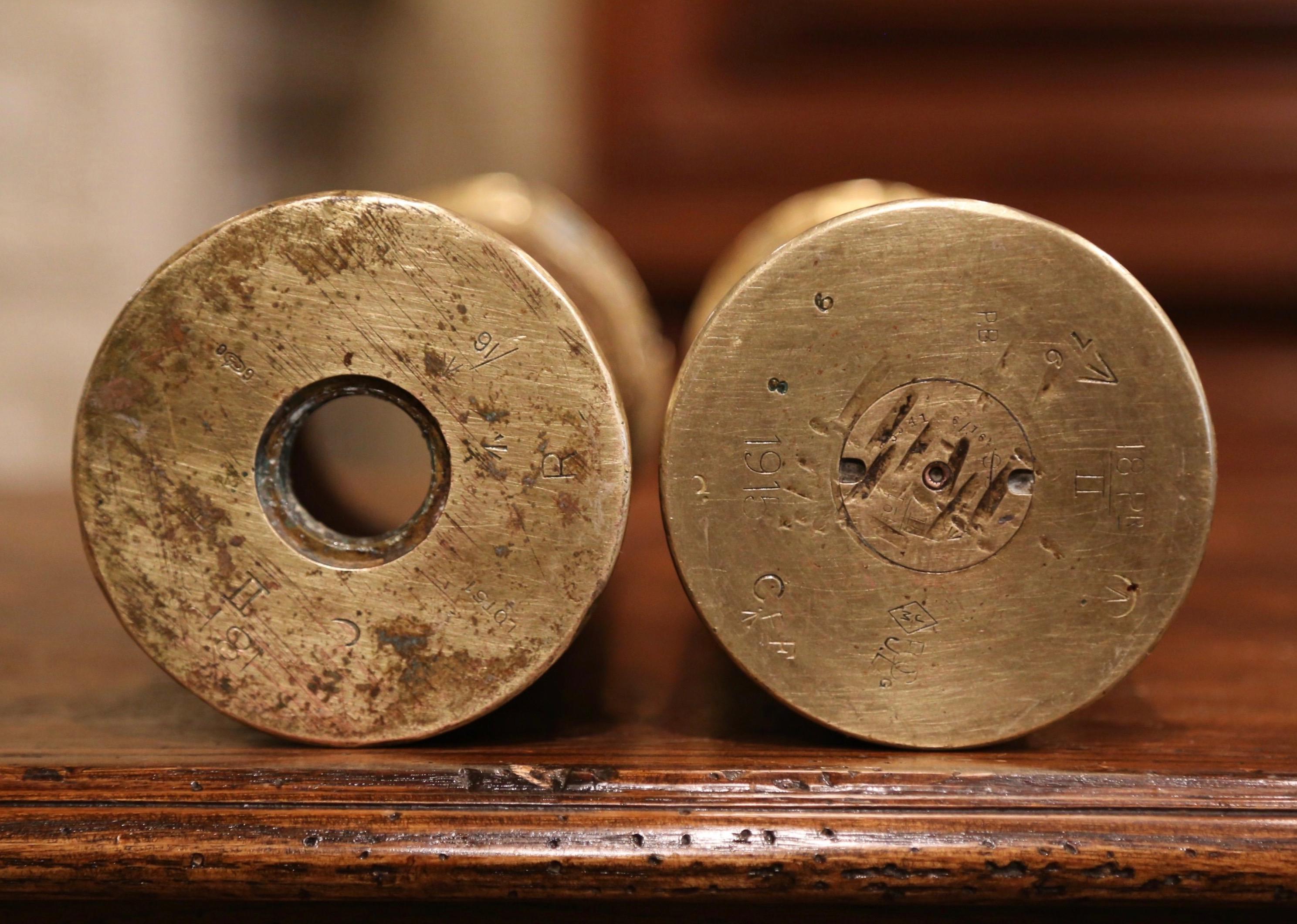 20th Century World War I French Trench Artillery Brass Shell Casing Vases, Dated 1915