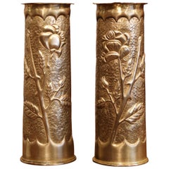 World War I French Trench Artillery Brass Shell Casing Vases, Dated 1915