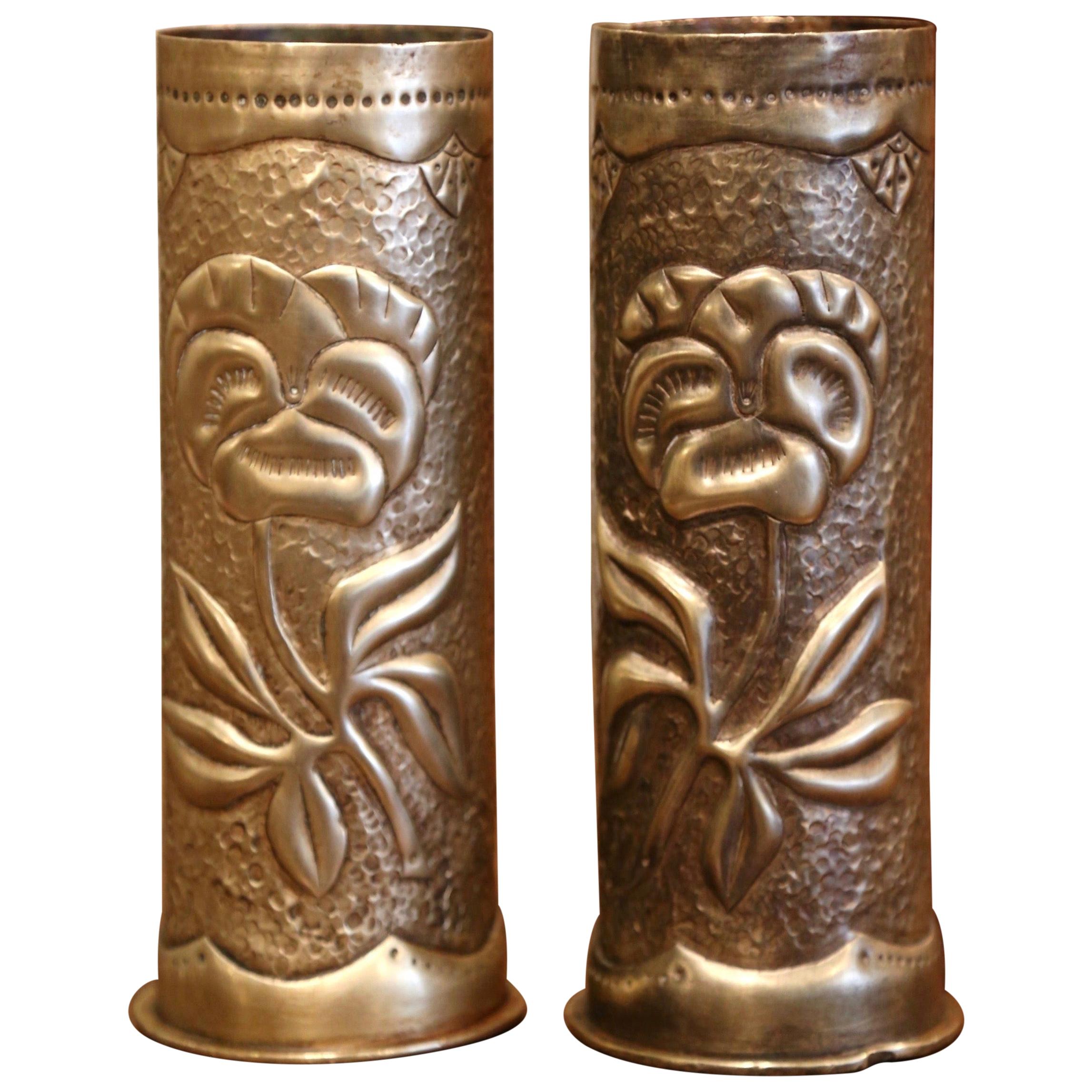 World War I French Trench Artillery Brass Shell Casing Vases, Dated 1917