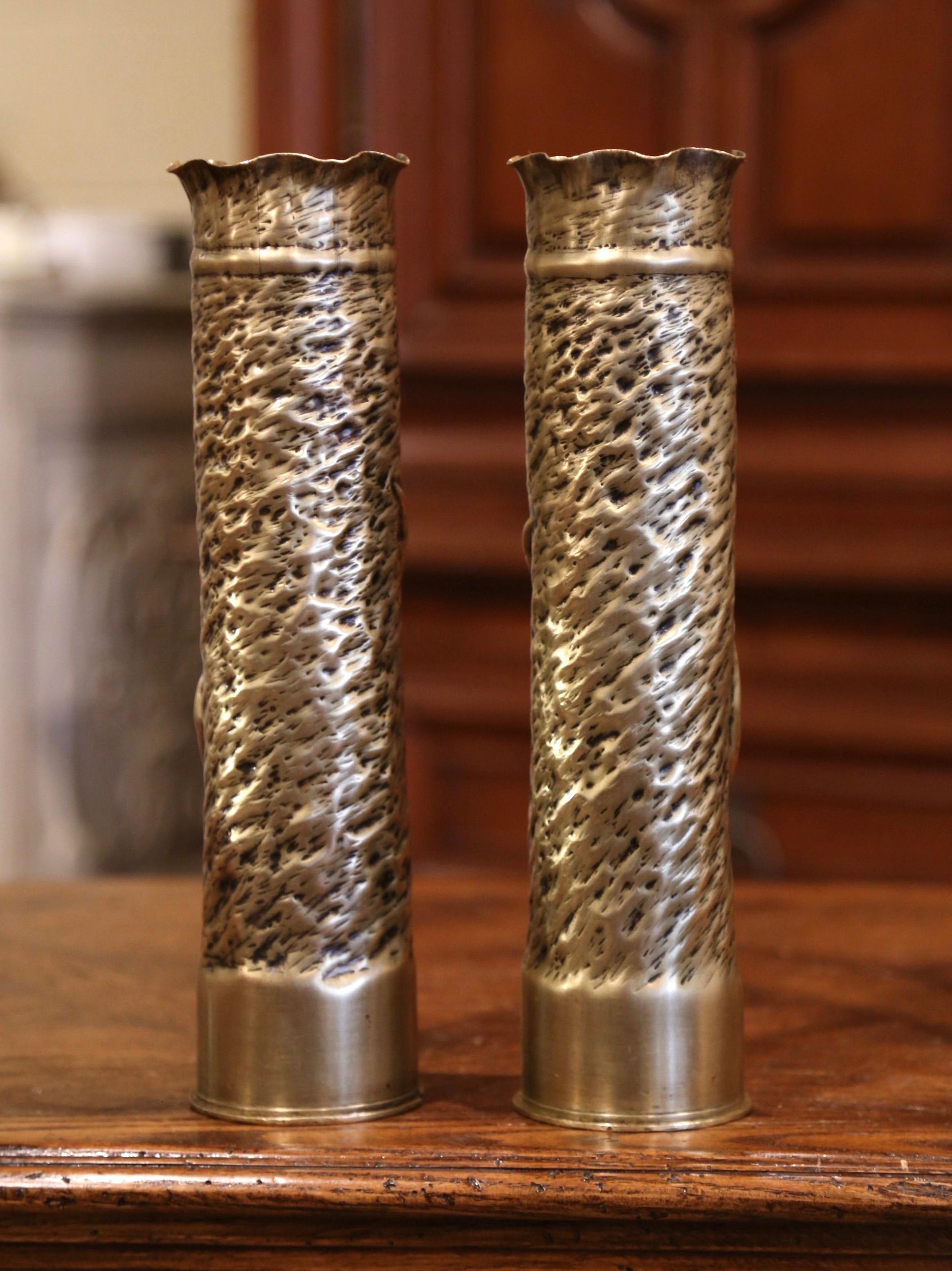 World War I French Trench Artillery Brass Shell Casing Vases with Foliage Motifs In Excellent Condition In Dallas, TX