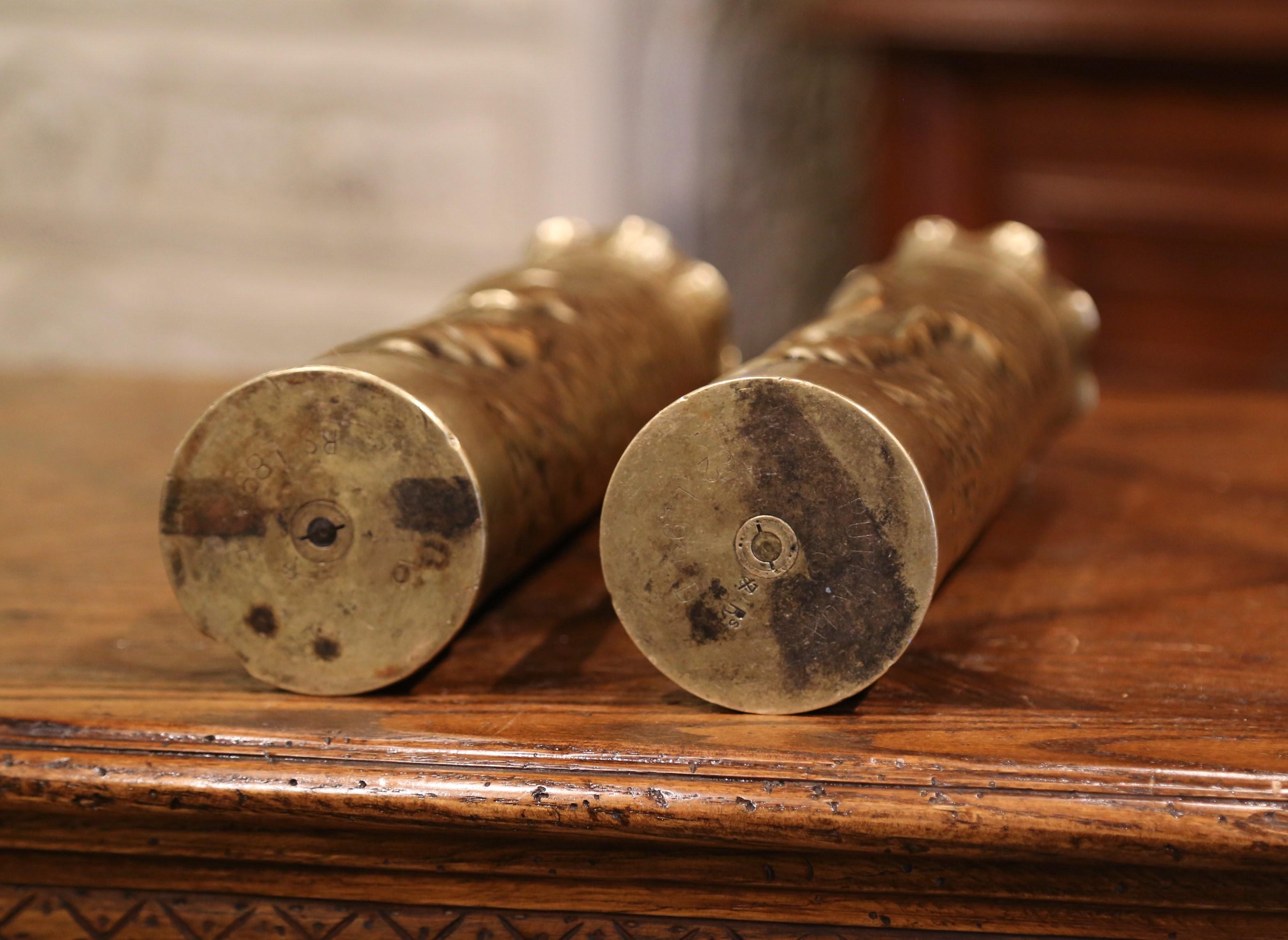 20th Century World War I French Trench Artillery Brass Shell Casing Vases with Foliage Motifs