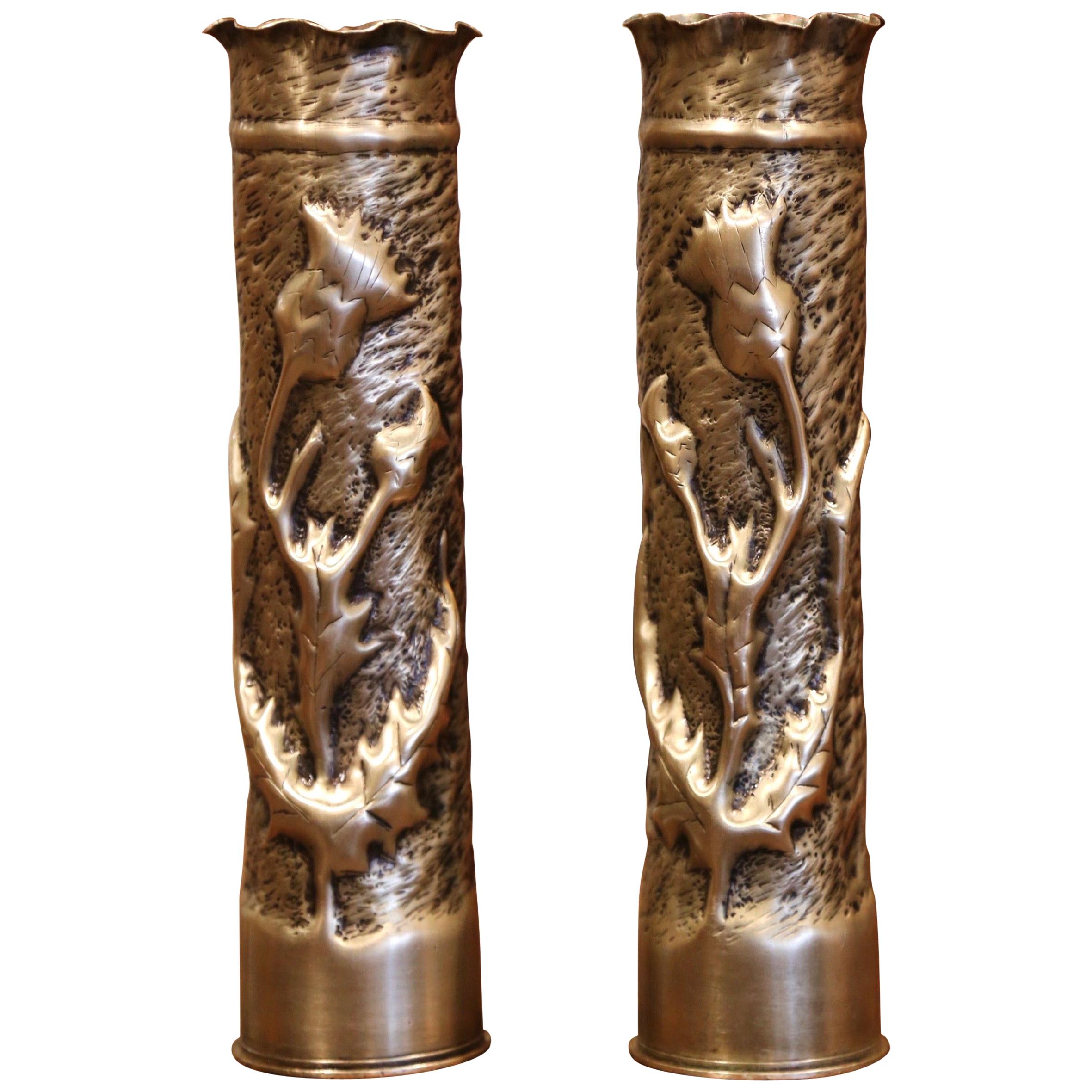 World War I French Trench Artillery Brass Shell Casing Vases with Foliage Motifs