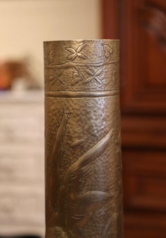 World War I German Trench Artillery Brass Shell Casing Vase with Repousse Decor