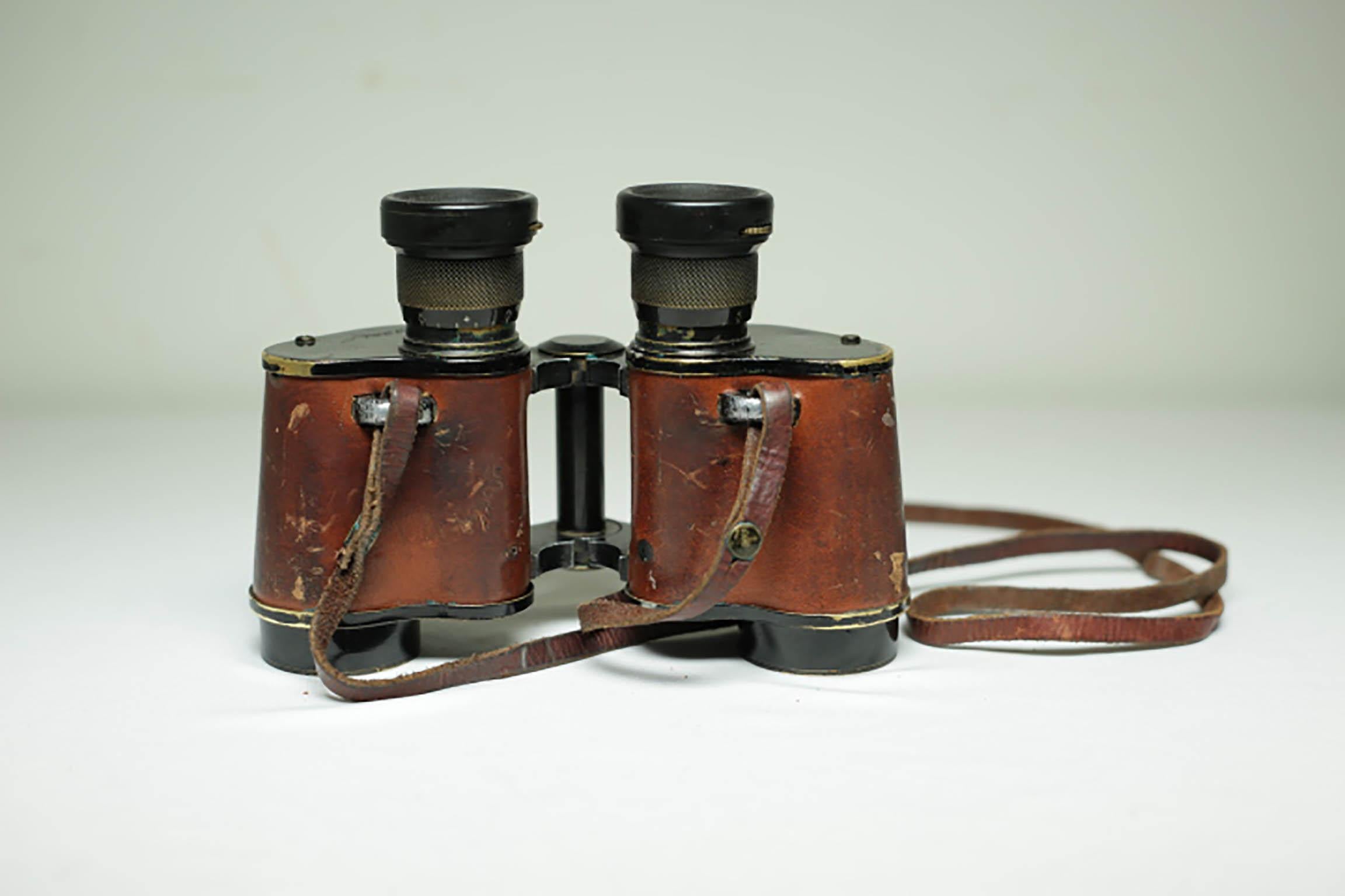 20th Century World War II Era Leather and Brass Binoculars and Case, circa 1940s