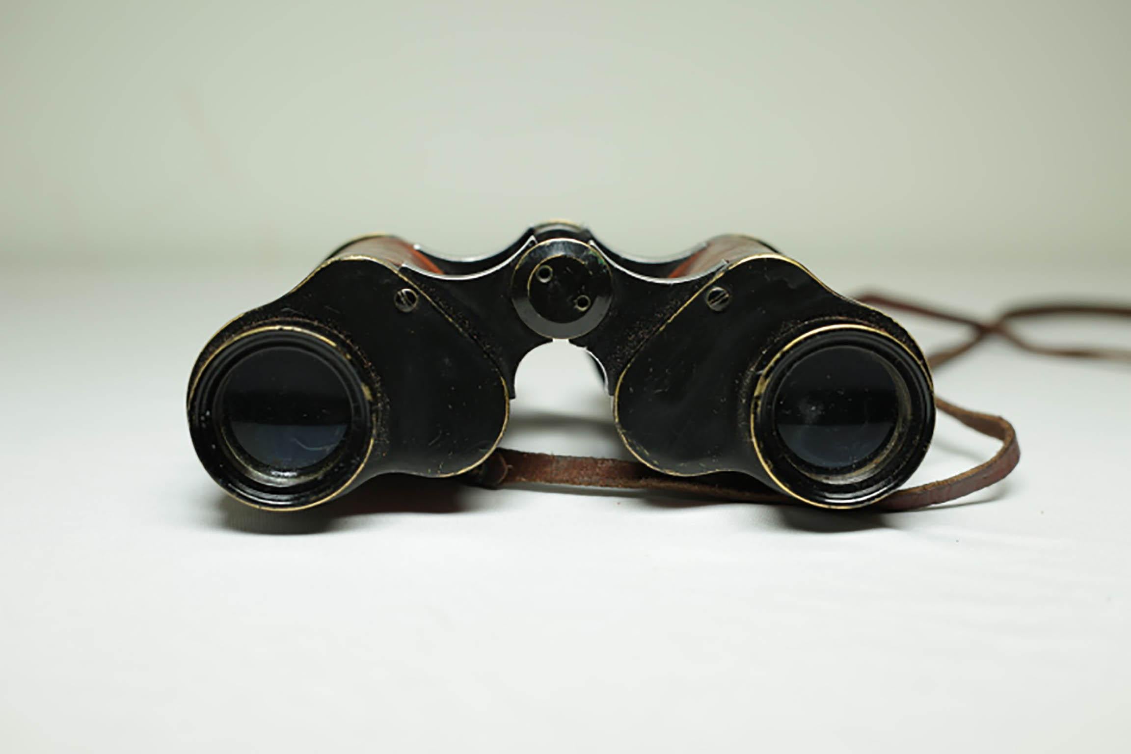 World War II Era Leather and Brass Binoculars and Case, circa 1940s 2