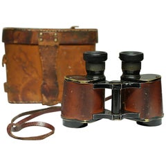 Antique World War II Era Leather and Brass Binoculars and Case, circa 1940s
